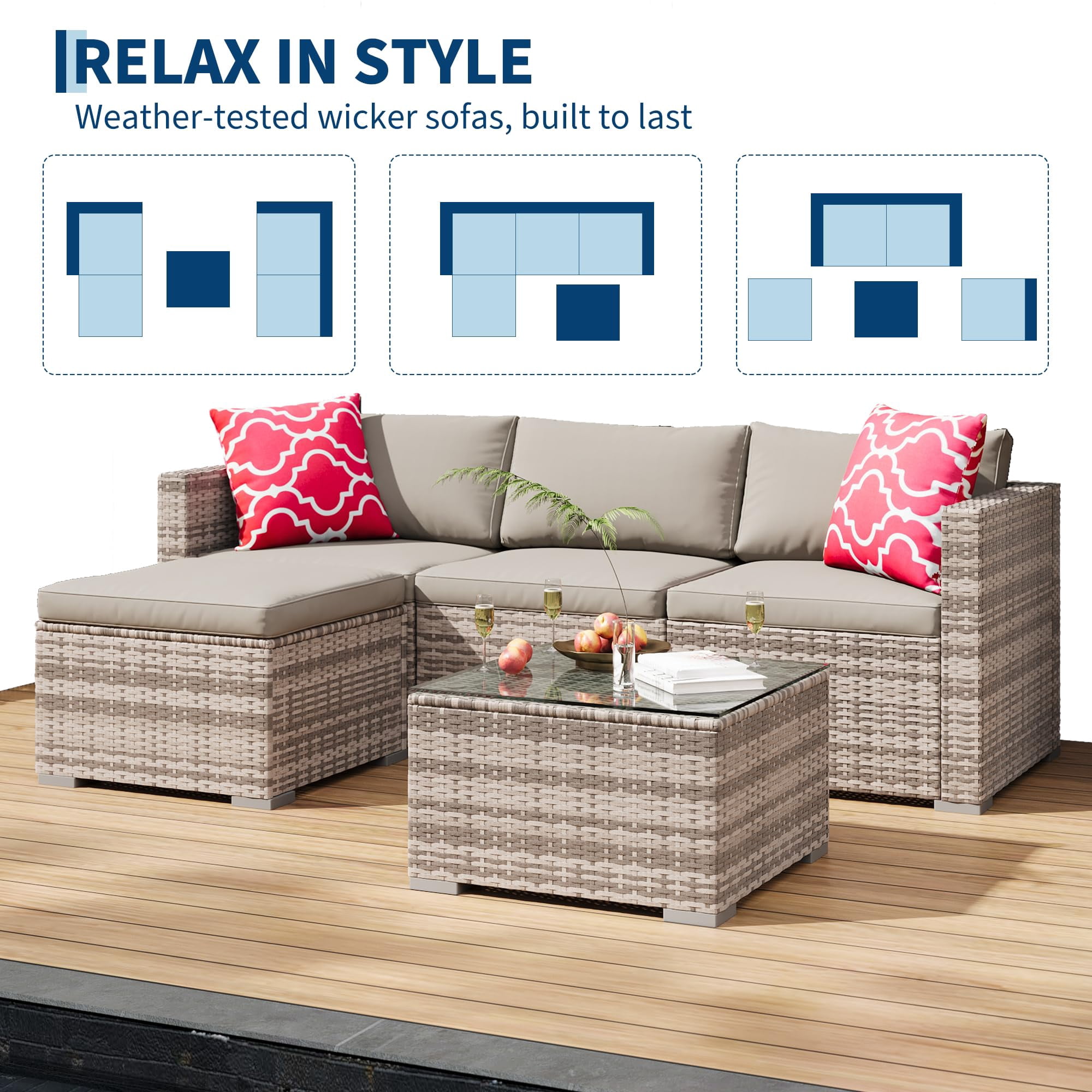 EliteEdge 5-Piece All-Weather PE Rattan Patio Sofa Set, Modular Outdoor Furniture with Tempered Glass Table and Waterproof Cushions (Brown Rattan, Light Grey Cushion, 5-Piece Set) i6xq3