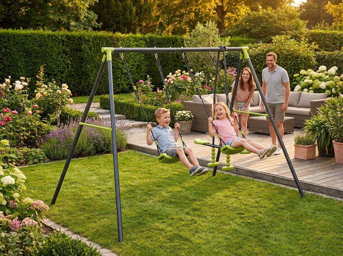 Segmart Heavy Duty Outdoor Metal Swing Set for Backyard with 2 Belt Swings and Glider (Green) f1rob