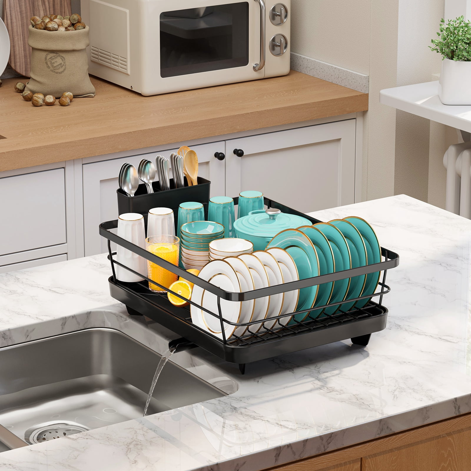 Sakugi Compact Dish Drying Rack for Kitchen Counter with Swivel Drainboard (Black, 15 in x 12 in x 5 in) jxwgs