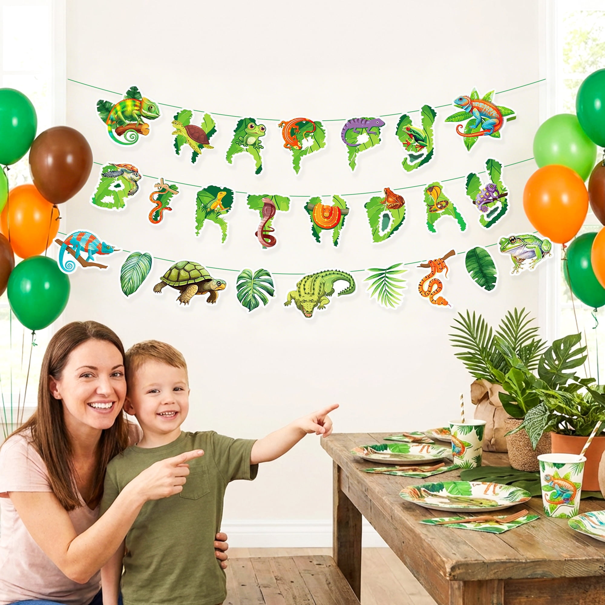 Bach And Boozy Reptile Birthday Banner Jungle Animal Theme Party Decorations (Green, 7.2 ft) hc150