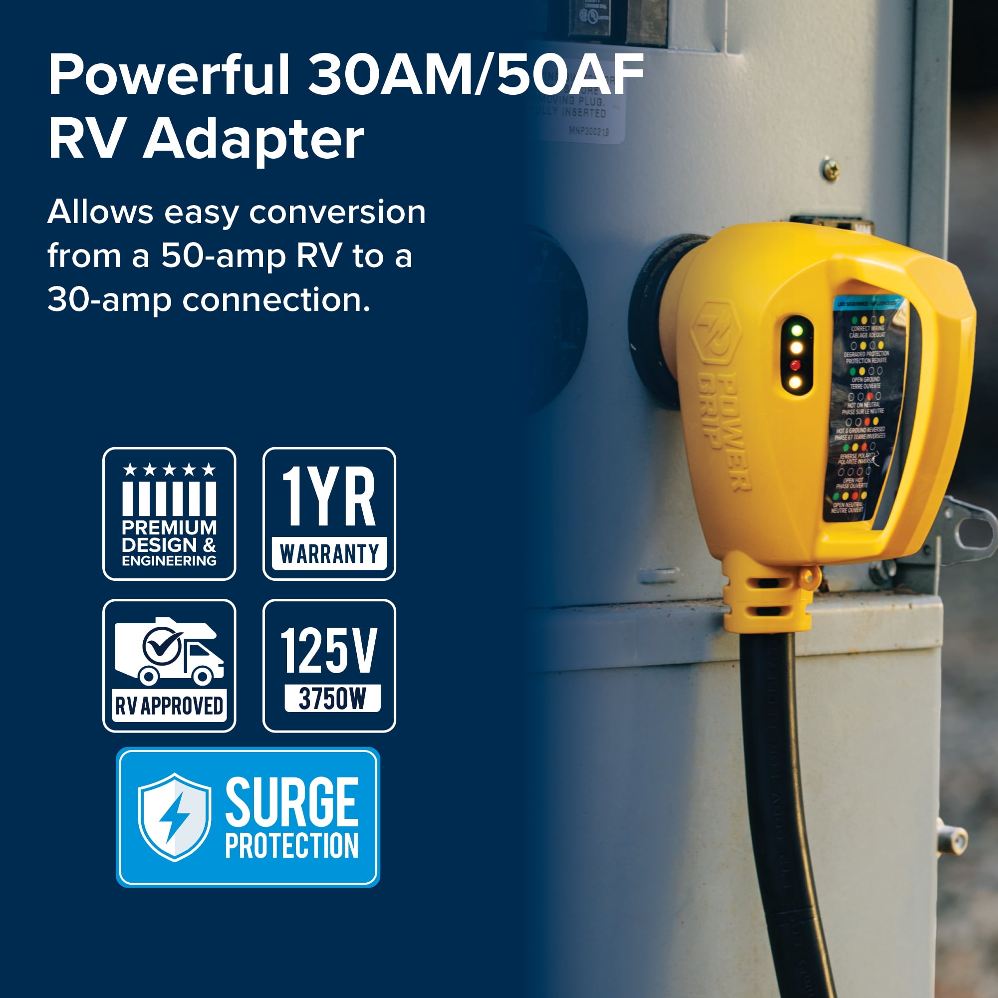 Camco Power Grip RV Circuit Analyzer and Adapter (30 Amp to 50 Amp, 18 in, Yellow) 15m0u