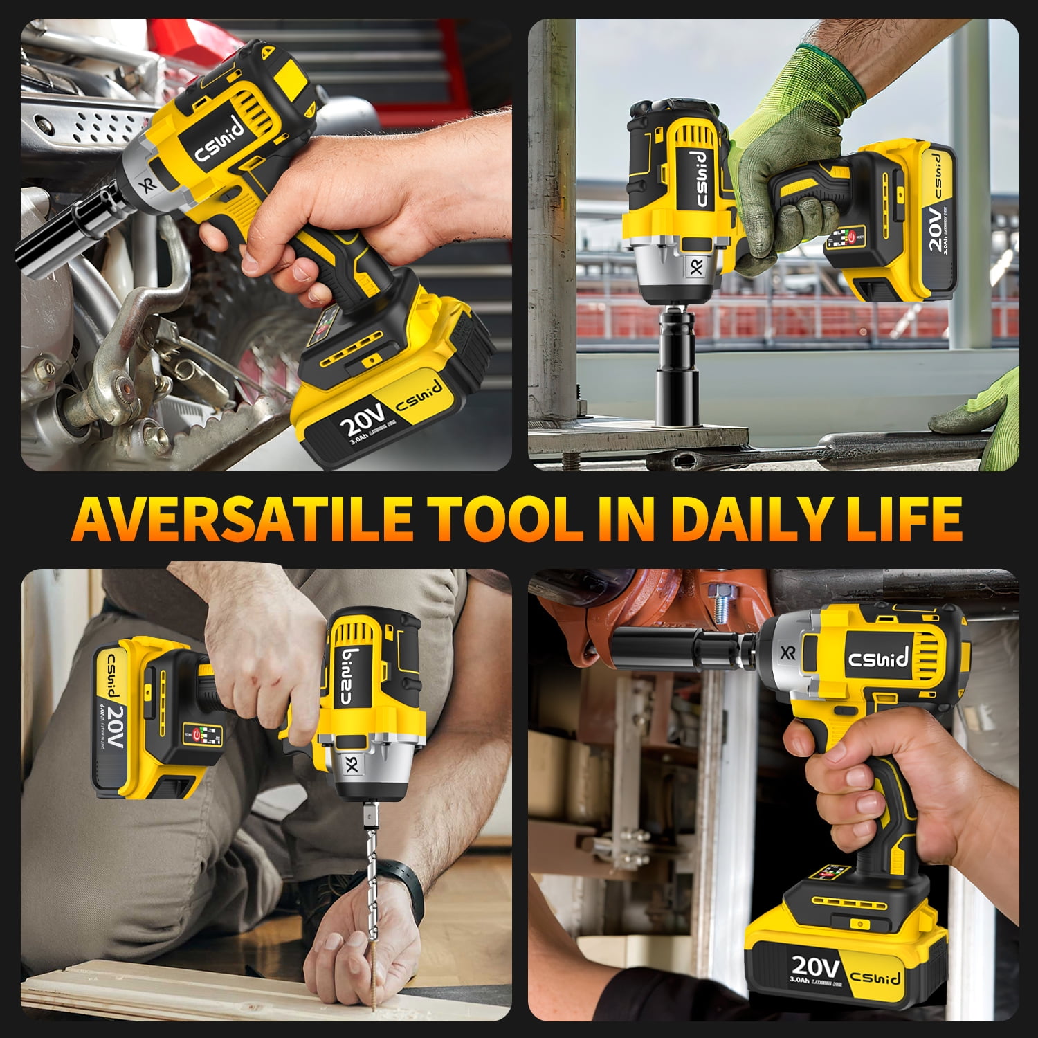 Cshidworld 20V Cordless Impact Wrench (1/2 in, 280 ft-lbs, 2 Batteries, 19-Piece Accessory Set, Yellow) trnh8