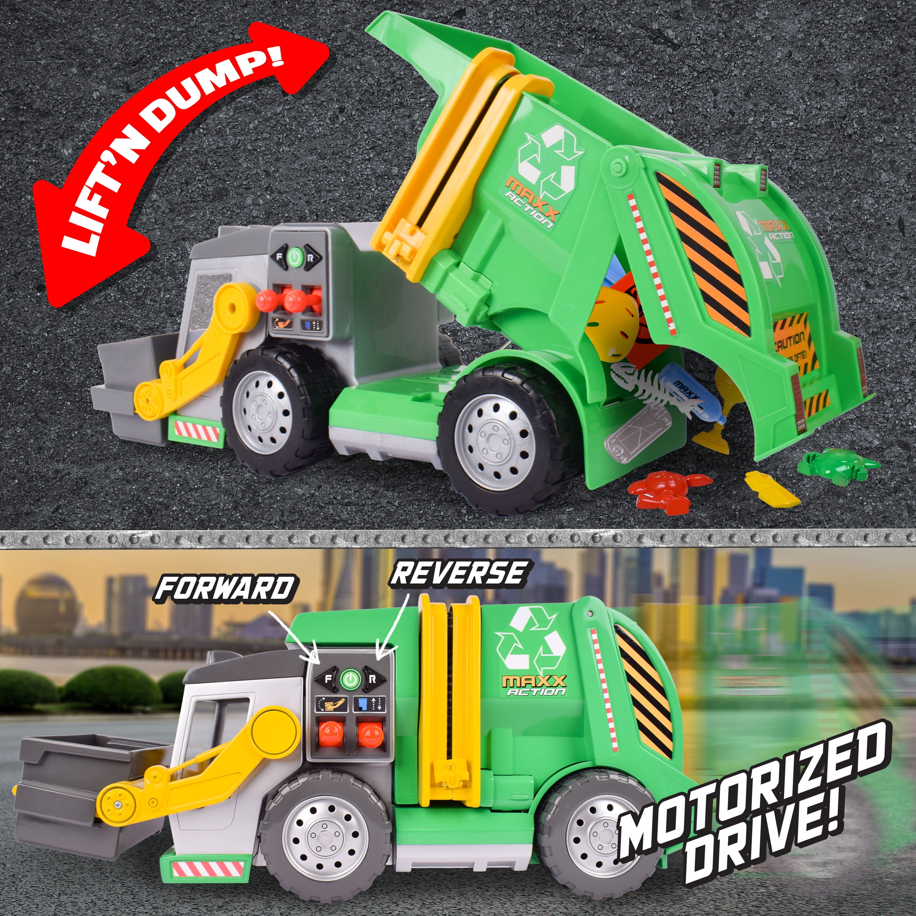 Maxx Action 3-N-1 Recycler Garbage Truck Toy with Motorized Drive, Lights, and Sounds (19 in x 9 in) s1h6f