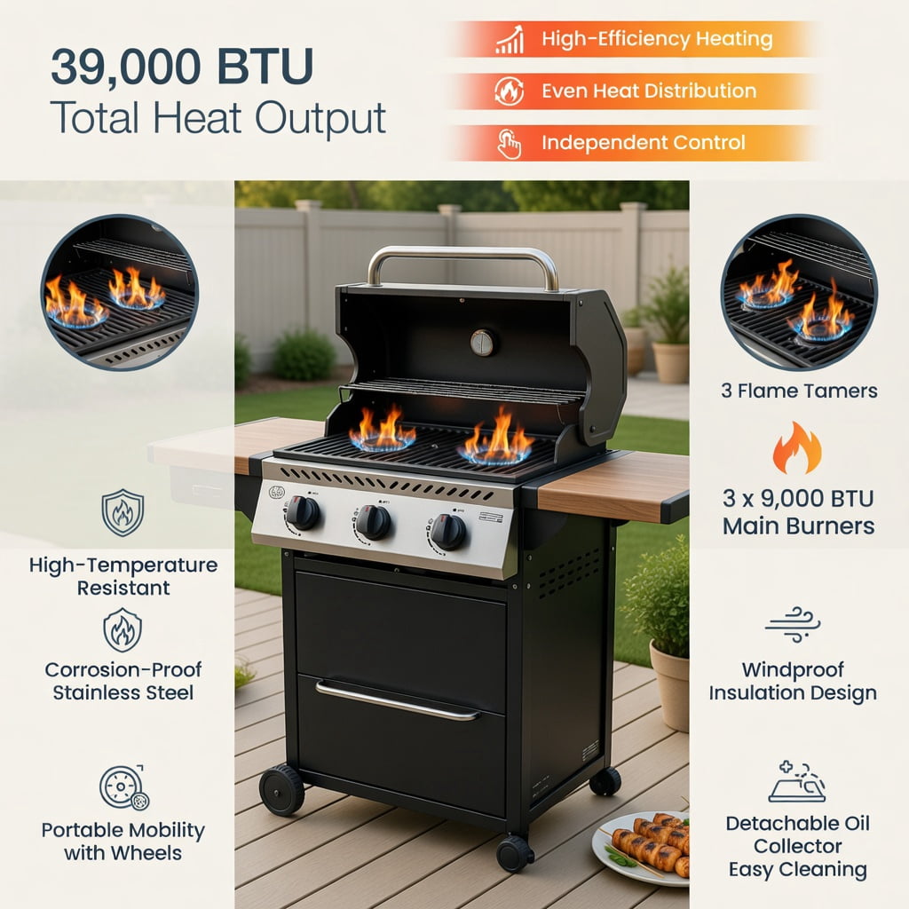 Kadyn 39,000 BTU Heavy-Duty Propane Gas Grill with Side Burner (Black, 4-Burner) dw8l6
