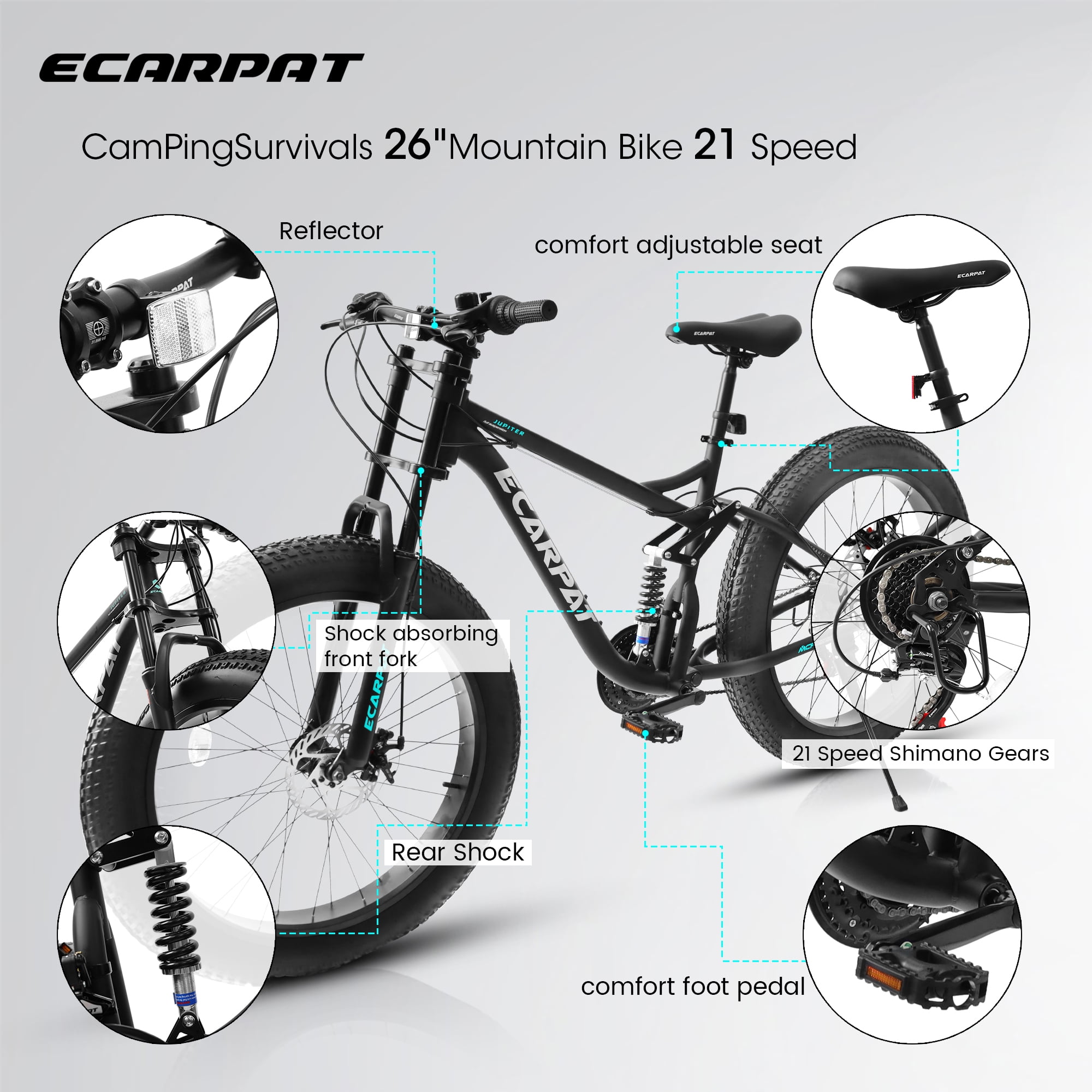 Ambifirner 26 in Fat Tire Mountain Bike, Full Suspension All-Terrain Bicycle with Shimano 21-Speed Drivetrain (Black, 26 in) 8g0rq