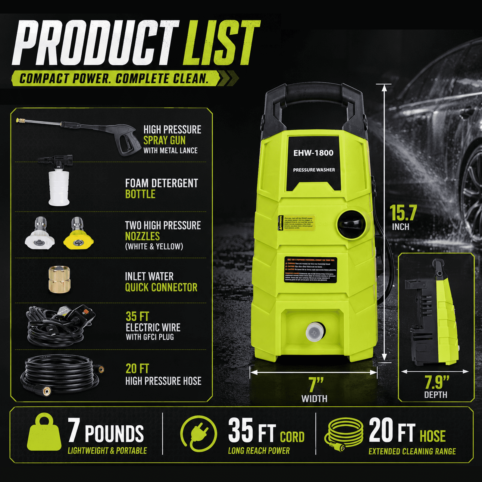 Sunorchid 1800 PSI 1.6 GPM Electric Pressure Washer (Compact Power Washer Kit for Cars, Driveways, and Patios, 20 ft Hose) 2b6nb