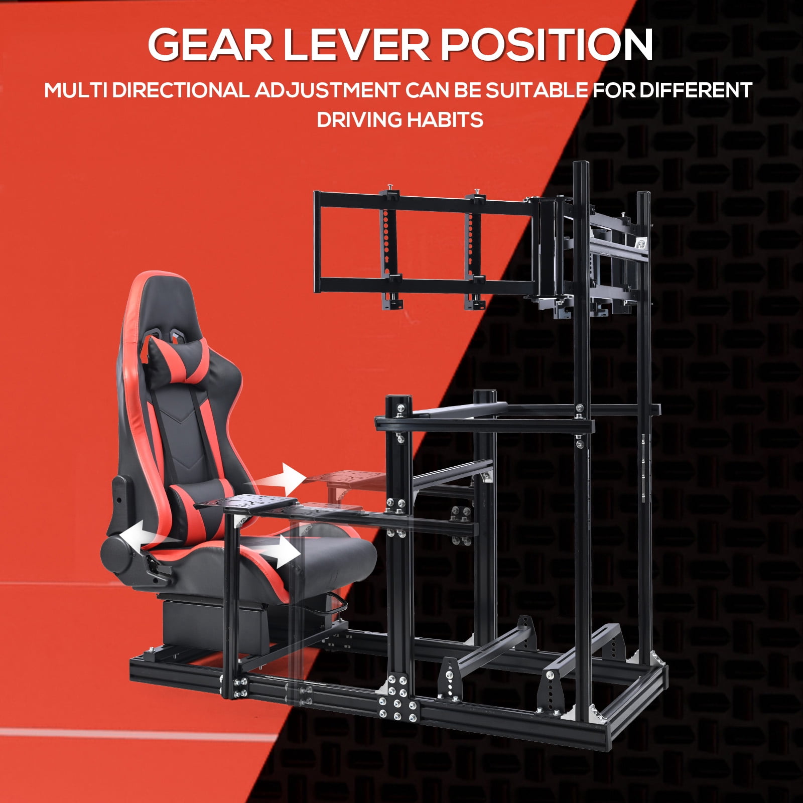 Supllueer Aluminum Racing Simulator Cockpit with Adjustable Seat and Triple Monitor Stand (Black) ve1yv