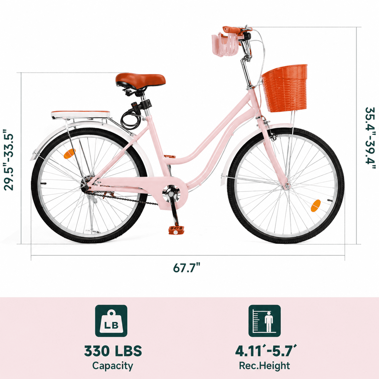 Bruce & Shark Women's Cruiser Bicycle, City Commuter Beach Bike with Basket and Lock (Blue, 24 in) 757bs