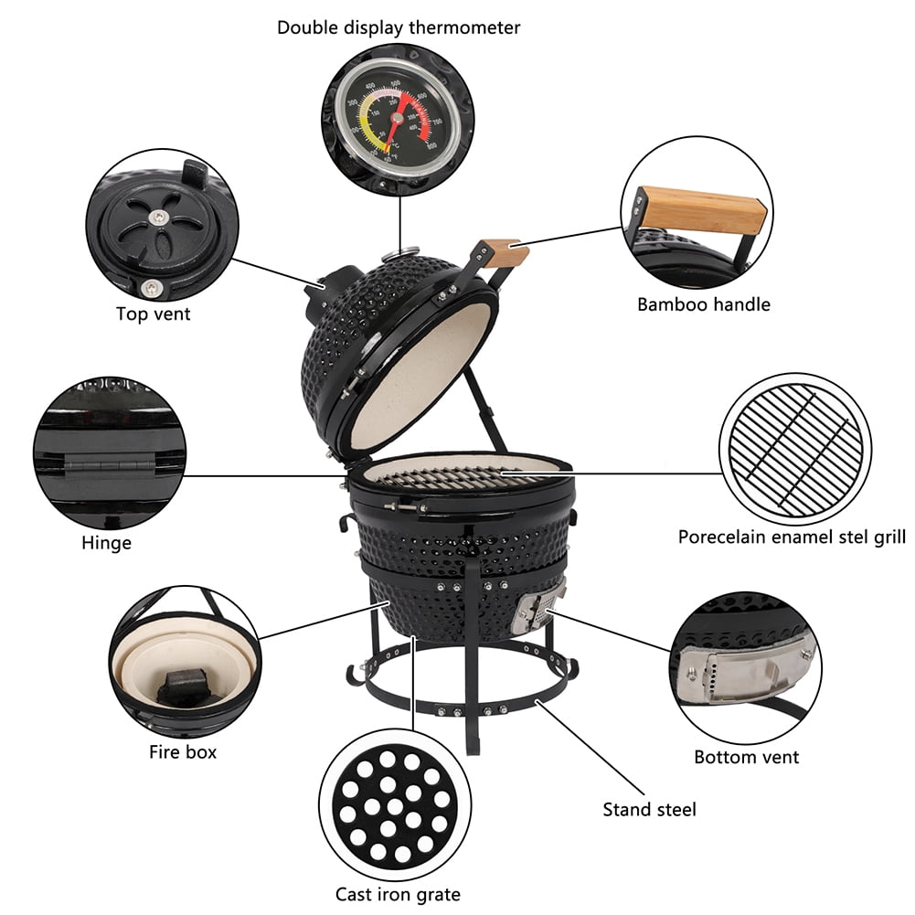 Veryke 13in Ceramic Charcoal Kamado Grill, Outdoor BBQ Smoker and Roaster (Black, 13 in) 49lyr
