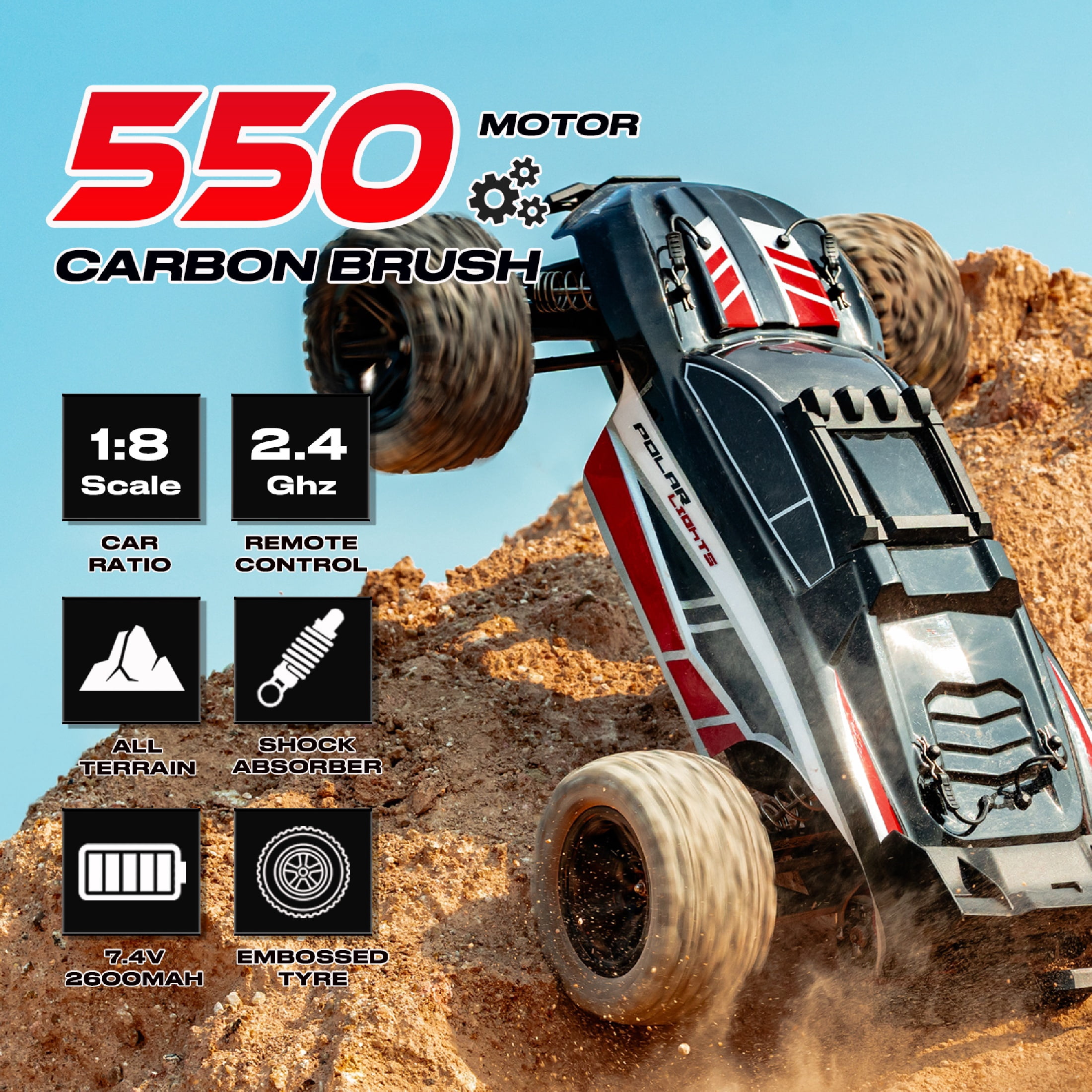 Flypear 1:8 Scale High Speed RC Monster Truck, All-Terrain Remote Control Off-Road Hobby Vehicle (Black, 2 Batteries) iyg2o
