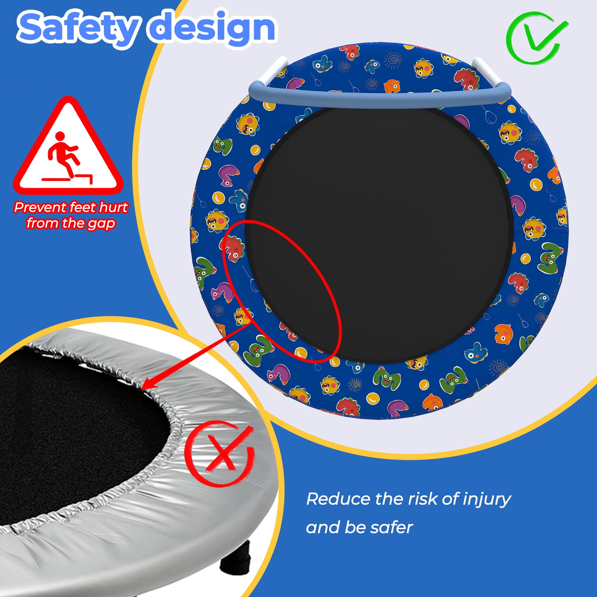 Mersco 36 in Kids Indoor Trampoline with Padded Handlebar (Blue, 36 in) 3teca