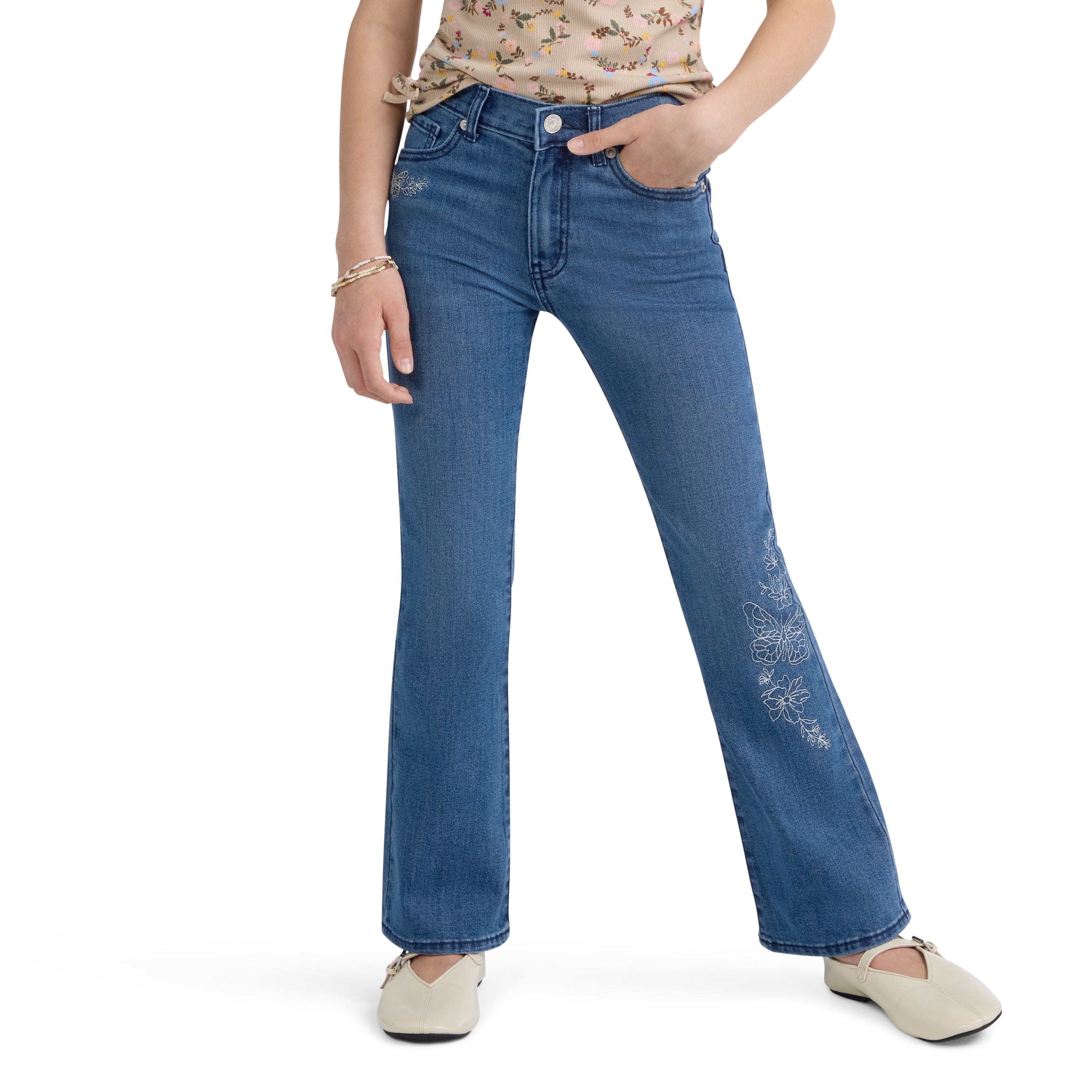 Levi Strauss Signature Girls Butterfly Embroidered Flare Jeans (Blue, Size 5-18) 3gww5