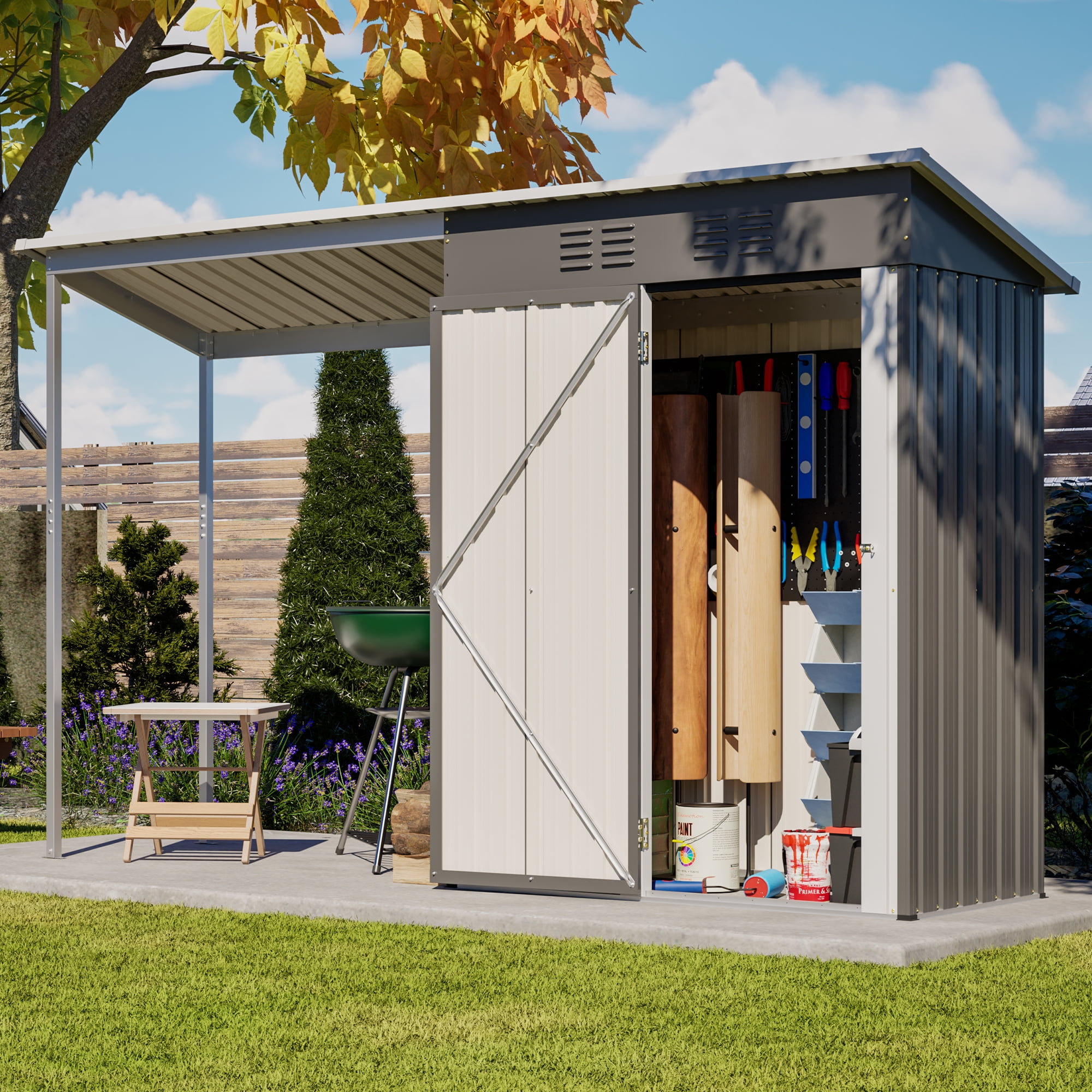QDXDX Outdoor Gazebo with Lockable Storage Shed, Weather-Resistant Steel Garden Shelter (Gray, 5 ft x 3 ft) jgr3h