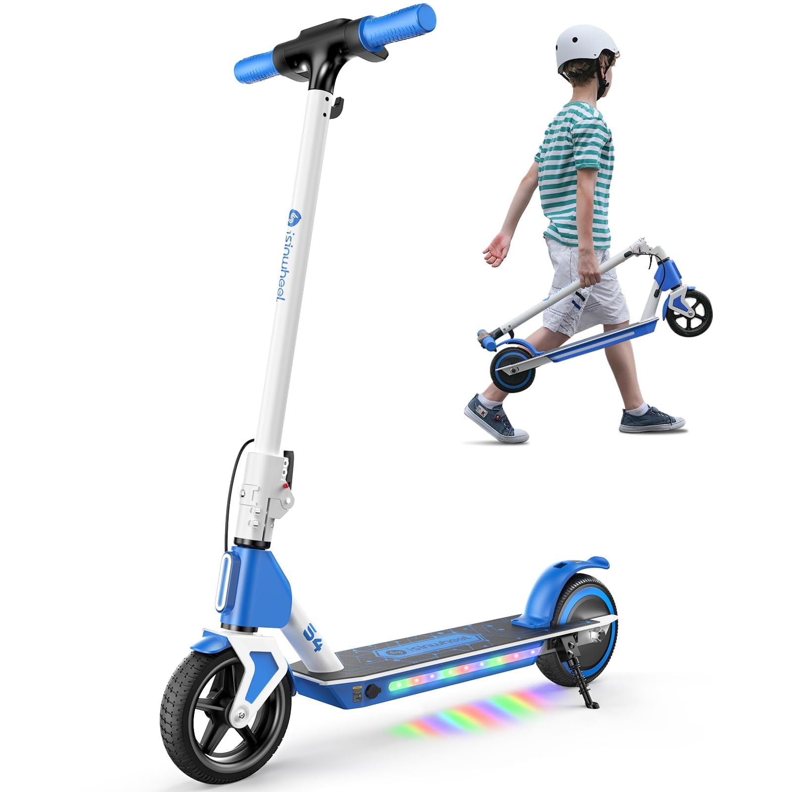 Rolldustry Electric Scooter for Kids with 200W Motor, 3 Speed Settings, LED Display, and Colorful Lights (Blue, 15.2 lbs) 5ge3y