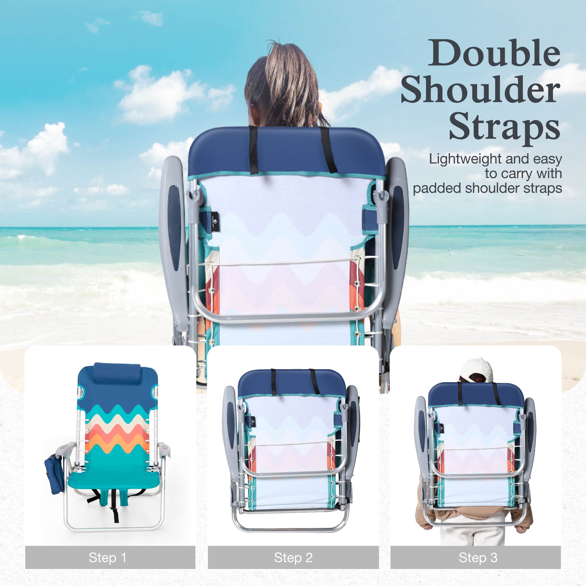 Sophia & William 2 Pack Folding Beach Chairs with 4 Adjustable Positions and Cooler Bag (Blue, 250 lb Capacity) pp1ar