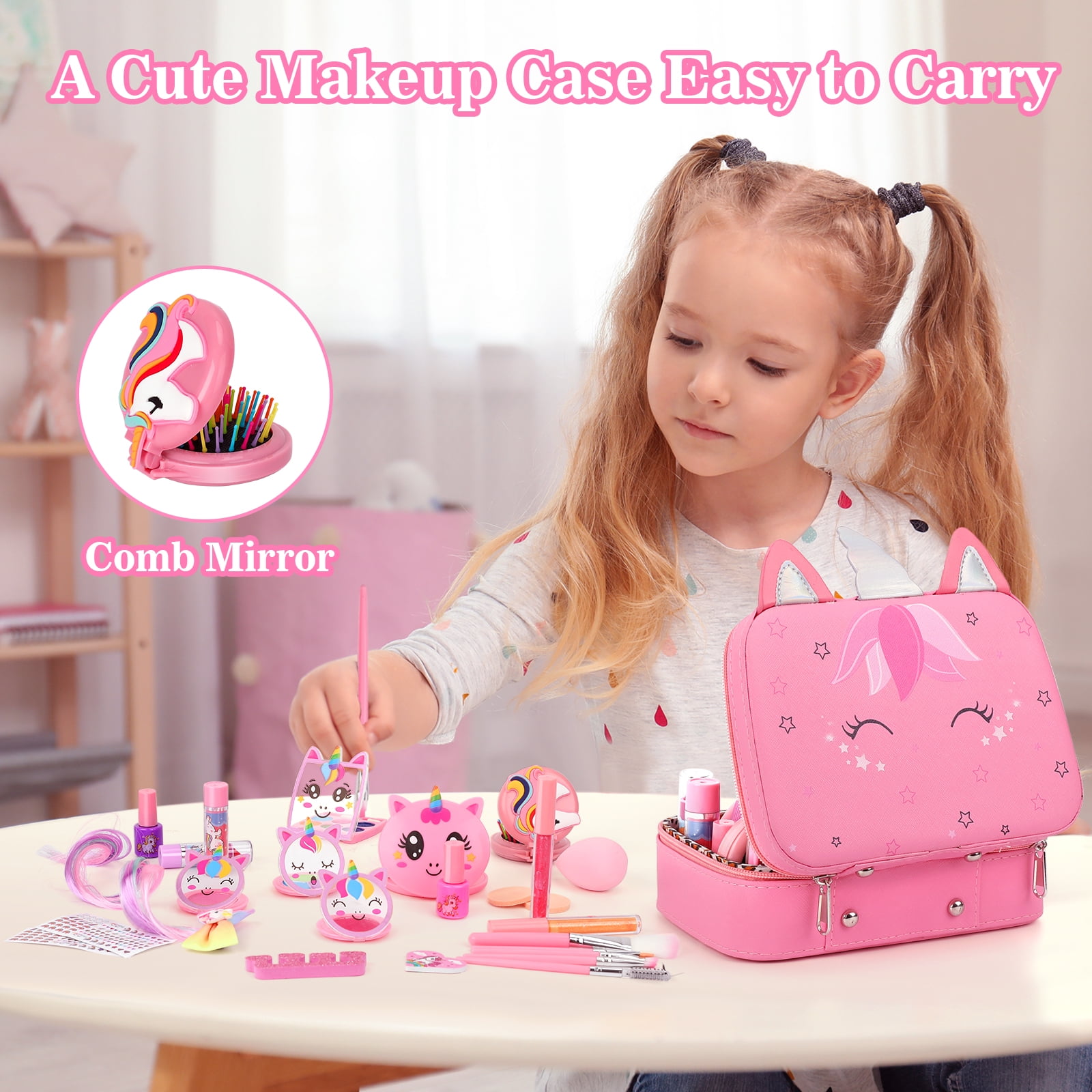 Sendida Washable Kids Makeup Set for Pretend Play and Dress Up (Pink, 26 Piece Set) owi93