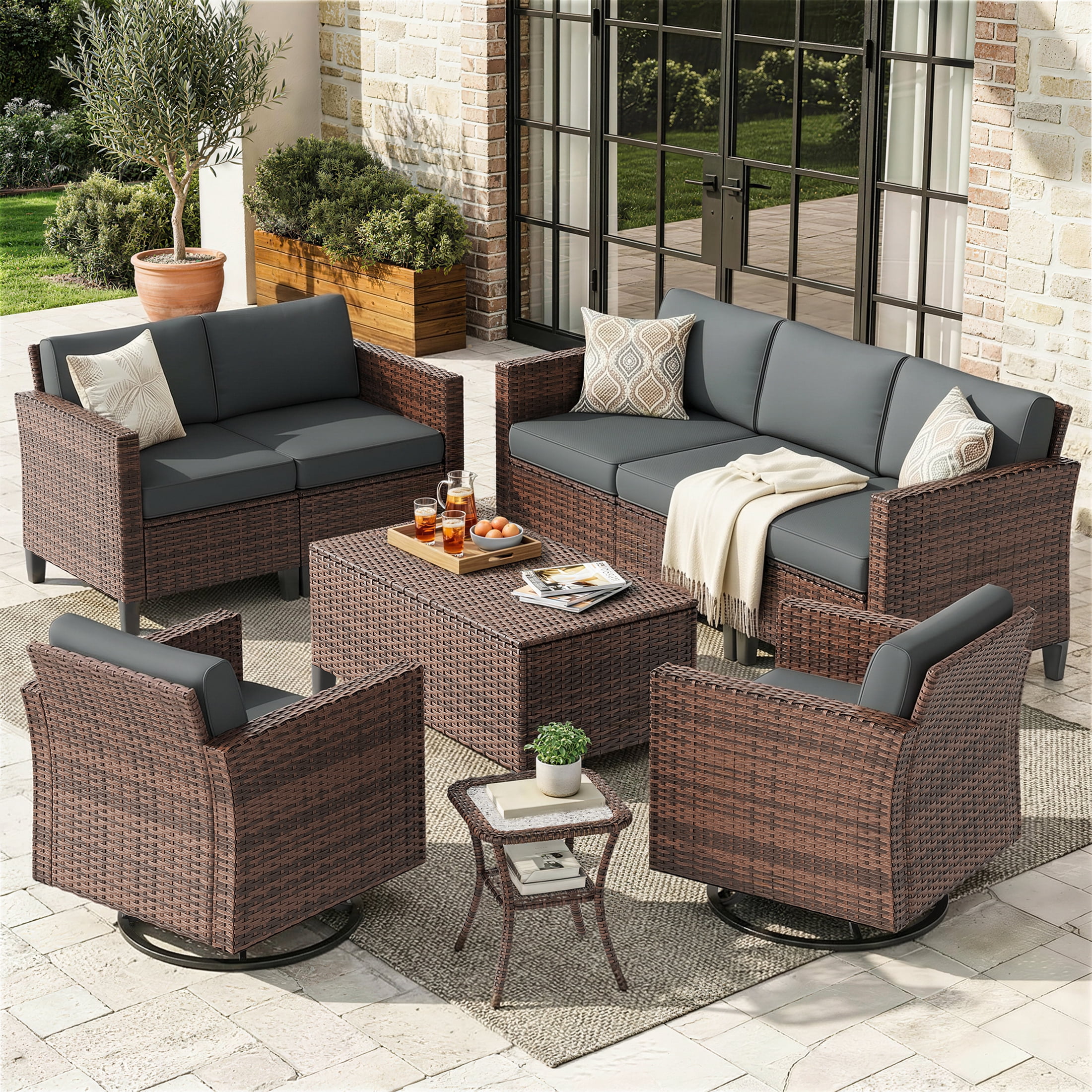 Poteban 9-Piece Outdoor Patio Furniture Set, Wicker Rattan Sectional with Swivel Rocking Chairs (Grey, 9-Piece Set) xxh3k
