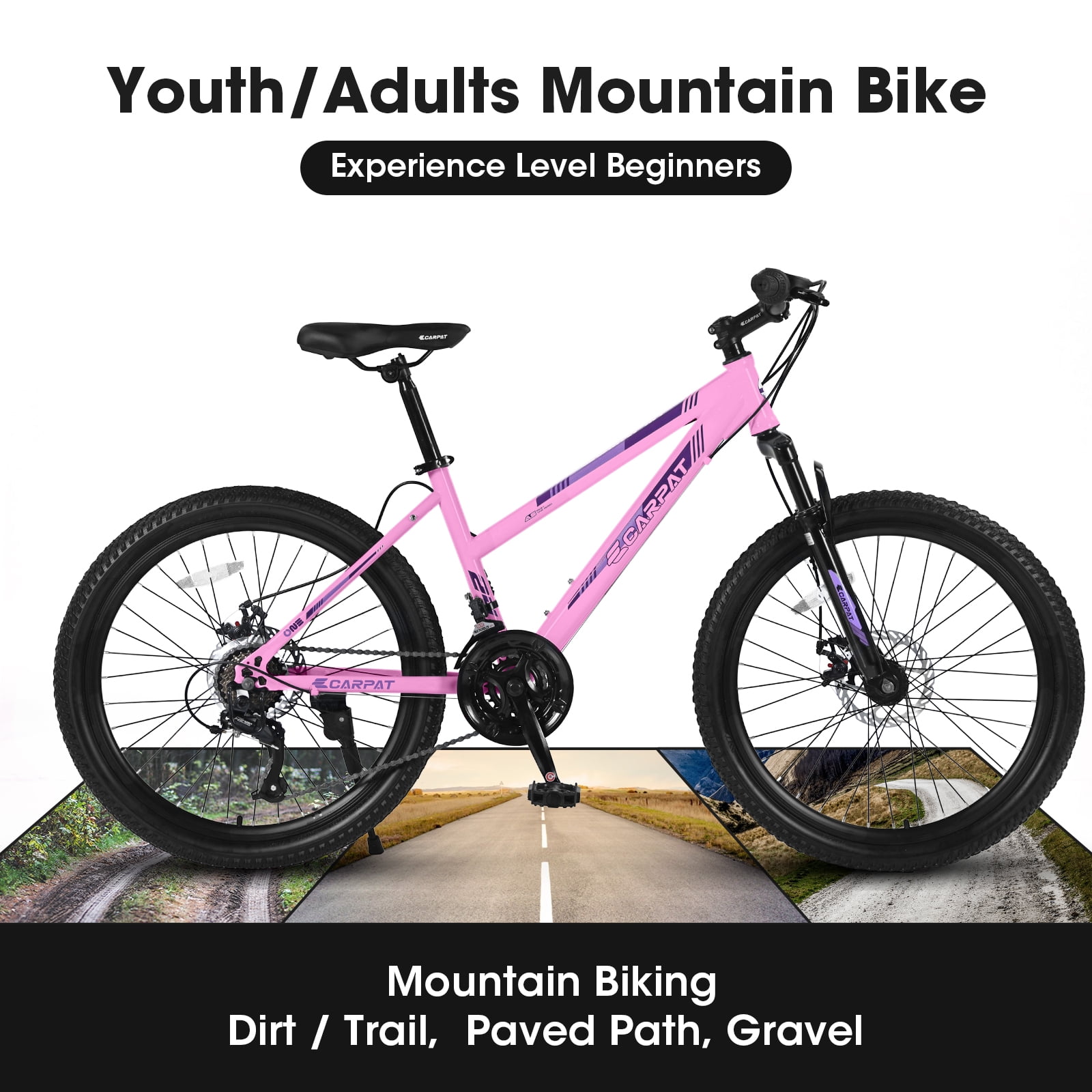 Ambifirner Mountain Bike, 21-Speed Shimano Drivetrain with Dual Disc Brakes and Front Suspension (White/Pink, 24 in) fes6s