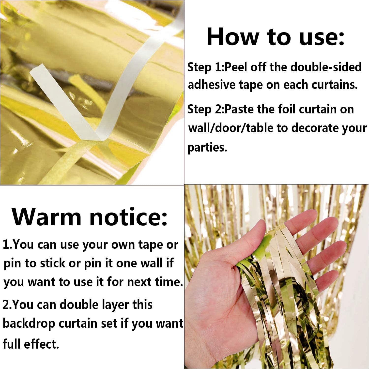 WATTNE Metallic Foil Fringe Curtains, Shiny Tinsel Photo Booth Backdrop for Party Decorations (Gold, 3 Pack, 3.3 ft x 6.6 ft) 43oyq