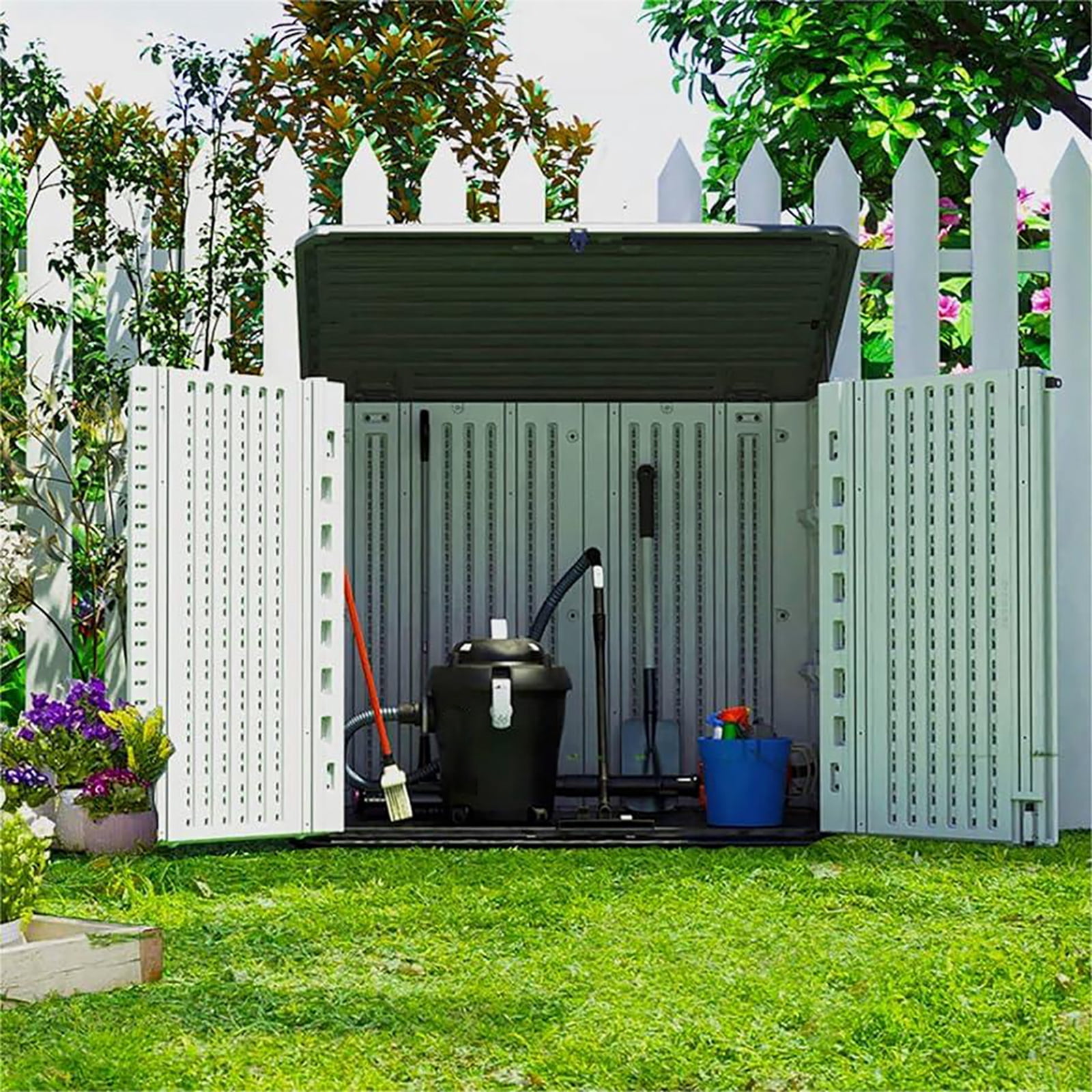 Ledmomo Outdoor Garden Storage Box, Weatherproof Resin Cabinet for Patio and Backyard (White, 34 cu ft) 9f40g