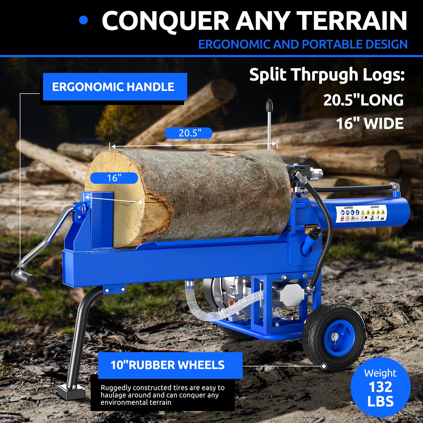 Efurden Gas Log Splitter with 7 HP Engine and 20 Ton Hydraulic Ram (Blue, 20 in L x 16 in D) 6hre3