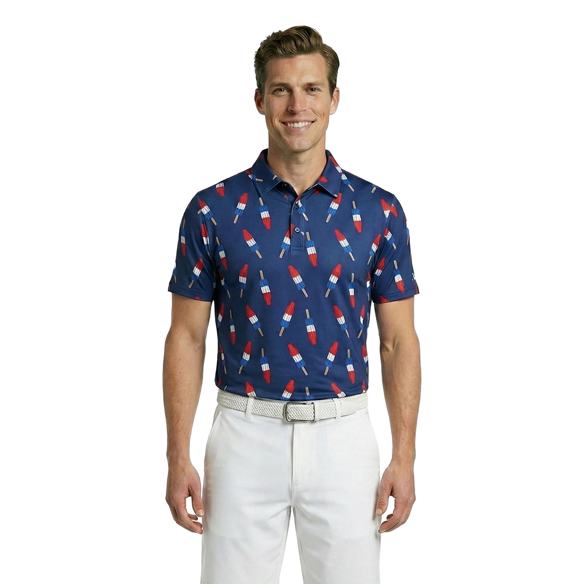 Birdie Bound Men's Firecracker Popsicle Print Golf Polo Shirt (Blue, XS-4XLT) x6pm6