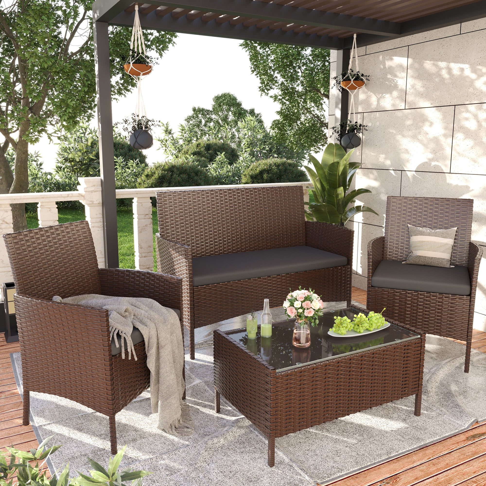 MRUAKA 4-Piece Outdoor Wicker Patio Furniture Set with Cushions and Coffee Table (Grey, 4-Piece Set) d54ge