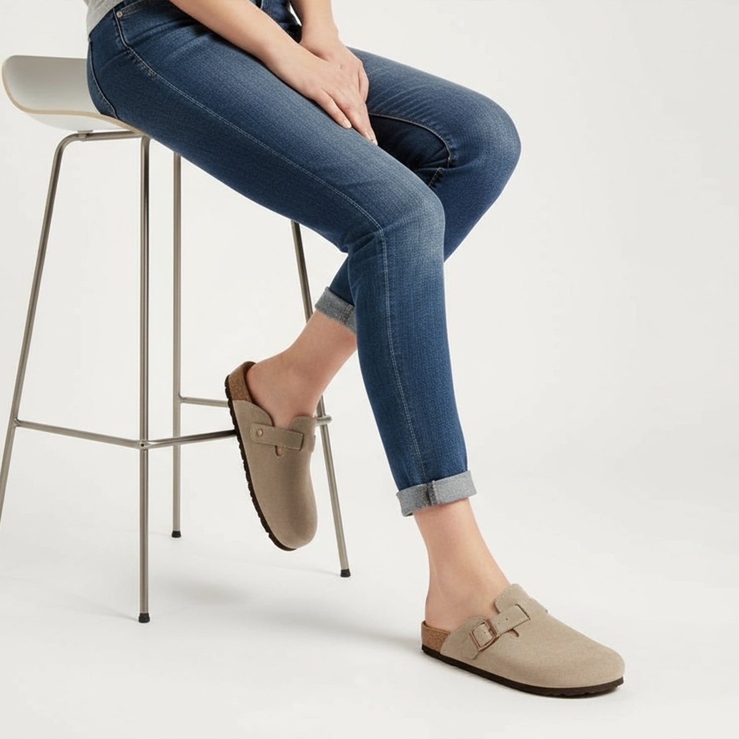 Ecetana Women's Suede Clogs & Mules Slip On Leather Sandals with Arch Support (Grey, 8 US) jijb9
