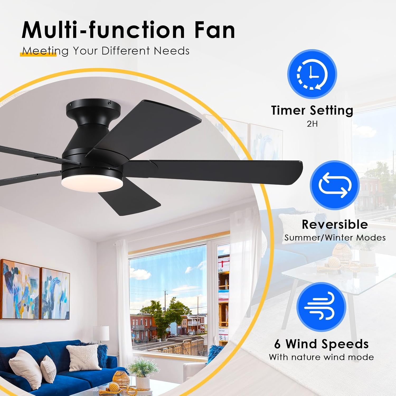 Phorus 52in Flush Mount Ceiling Fan with Dimmable LED Lights and Remote Control (Black, 52 in) 56ws9