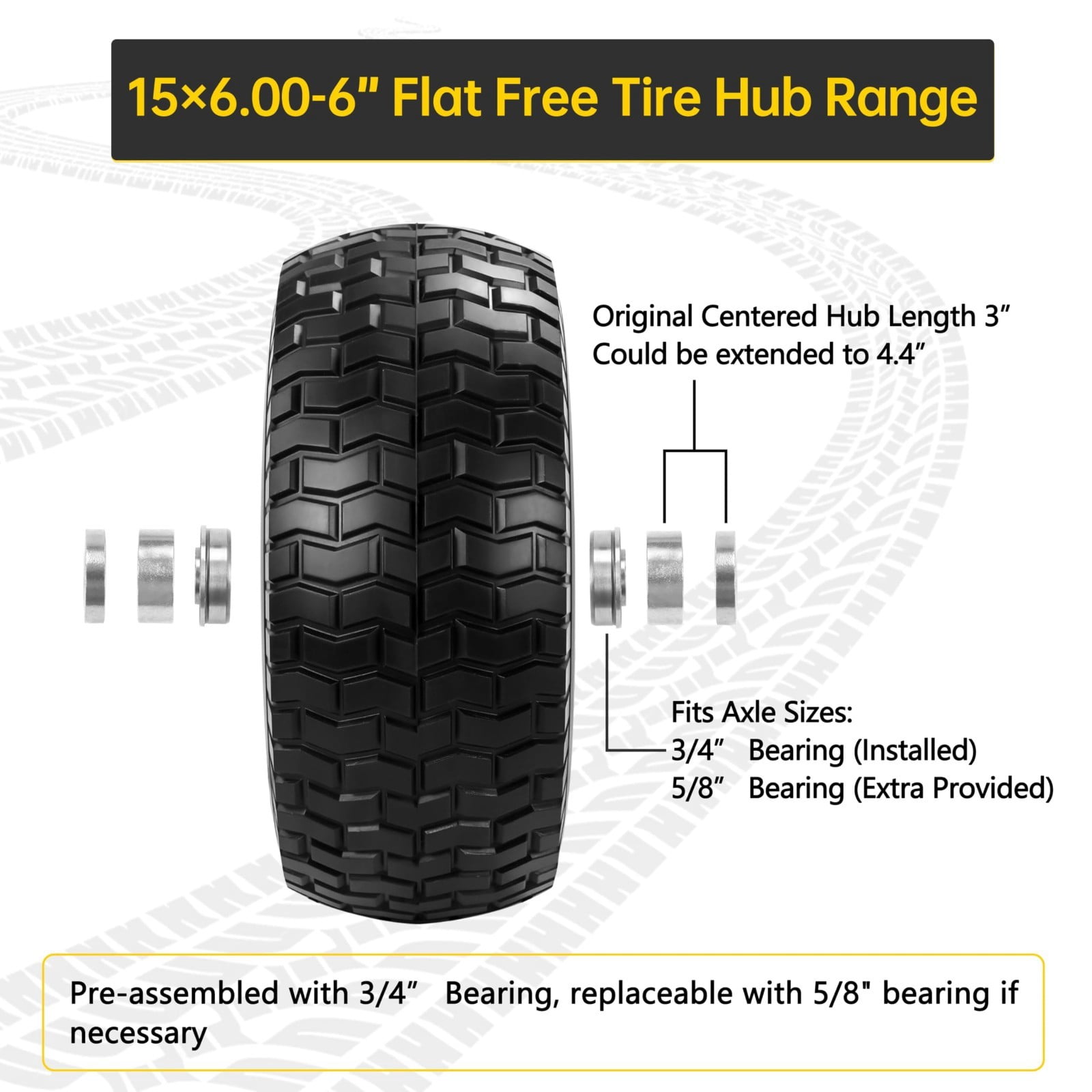 LOTMOVE 15x6.00-6 Flat-Free Lawn Mower Tire and Wheel Assembly (2 Pack, 500 lb Capacity, 3/4 in Bearing) 3uoew