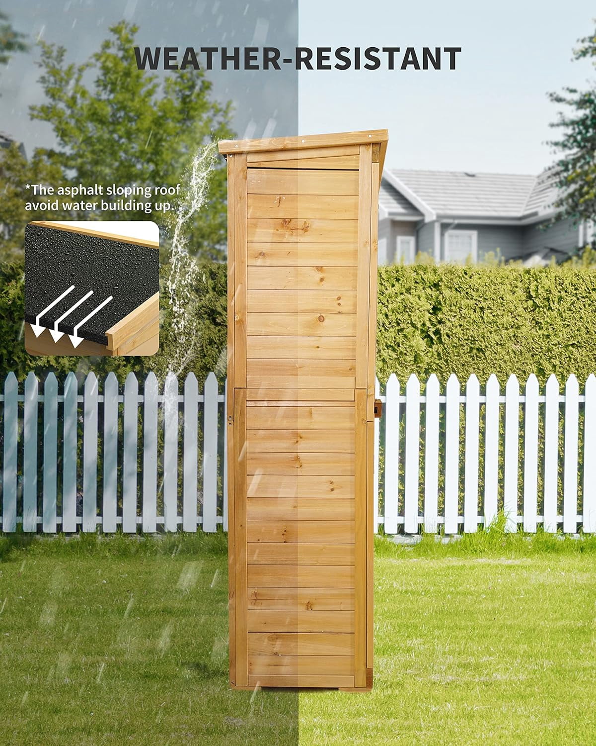 Lofka Outdoor Storage Cabinet, Weatherproof Garden Shed with Lockable Doors and Adjustable Shelves (Natural, 63.2 in) 71pwo