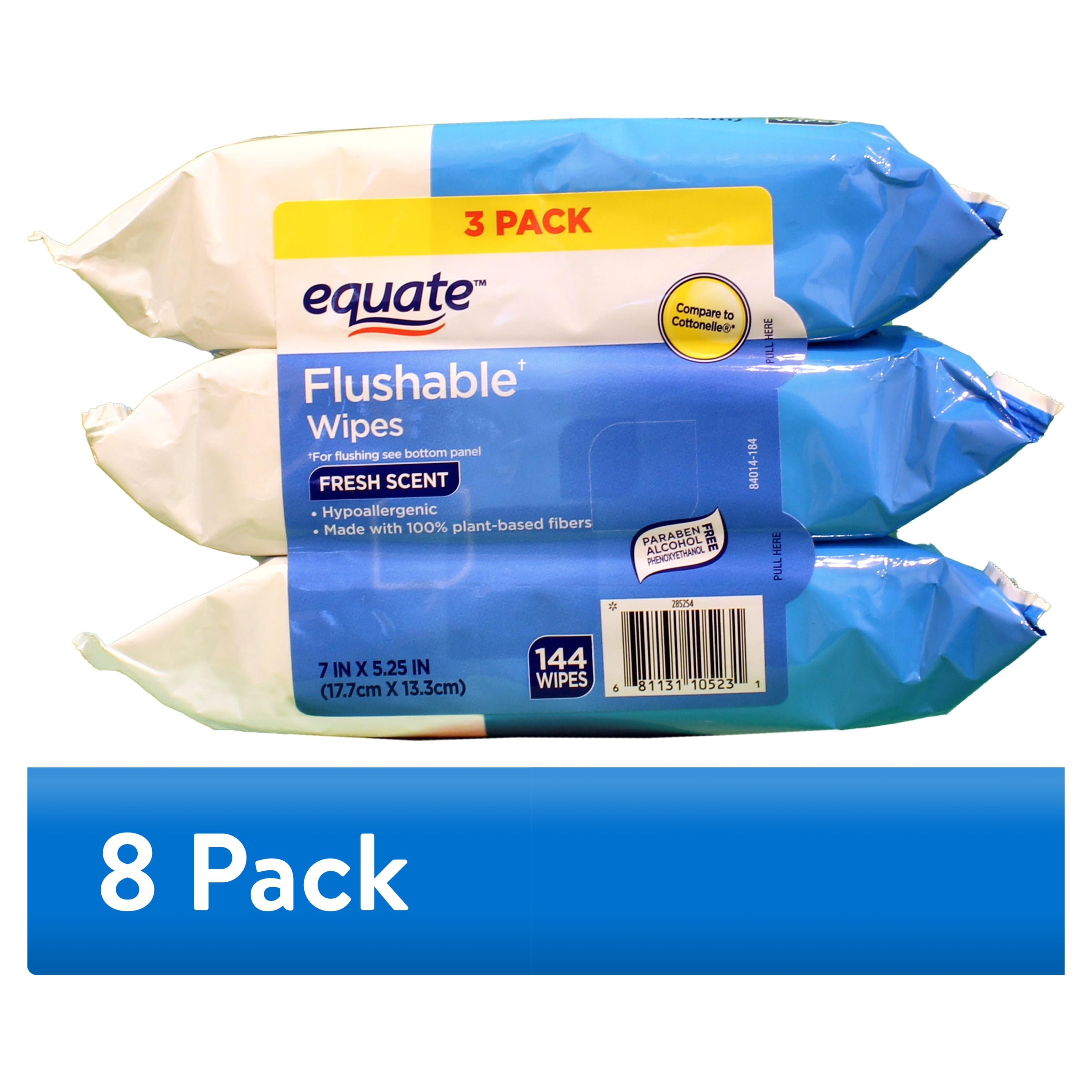 Equate Flushable Wet Wipes, Fresh Scent, Hypoallergenic Plant-Based Fibers (144 Count, 3 Pack) 2kuqo