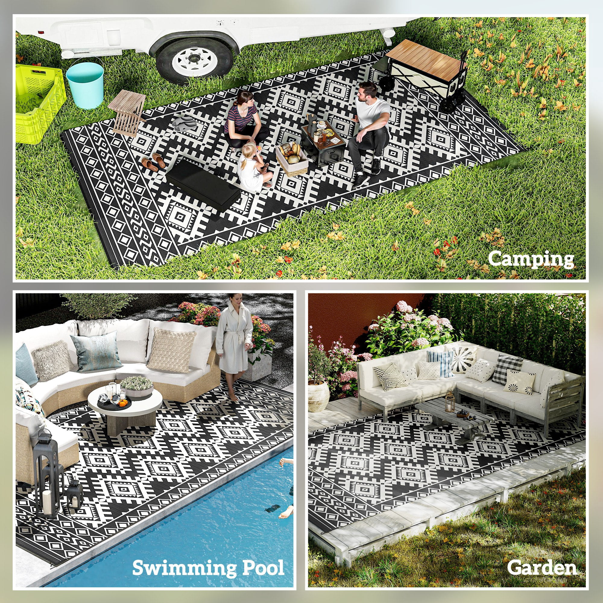 Outsunny Outdoor Patio Rug, Reversible Waterproof Camping Carpet for RV and Garden (Black & White, 9 ft x 18 ft) hr99e