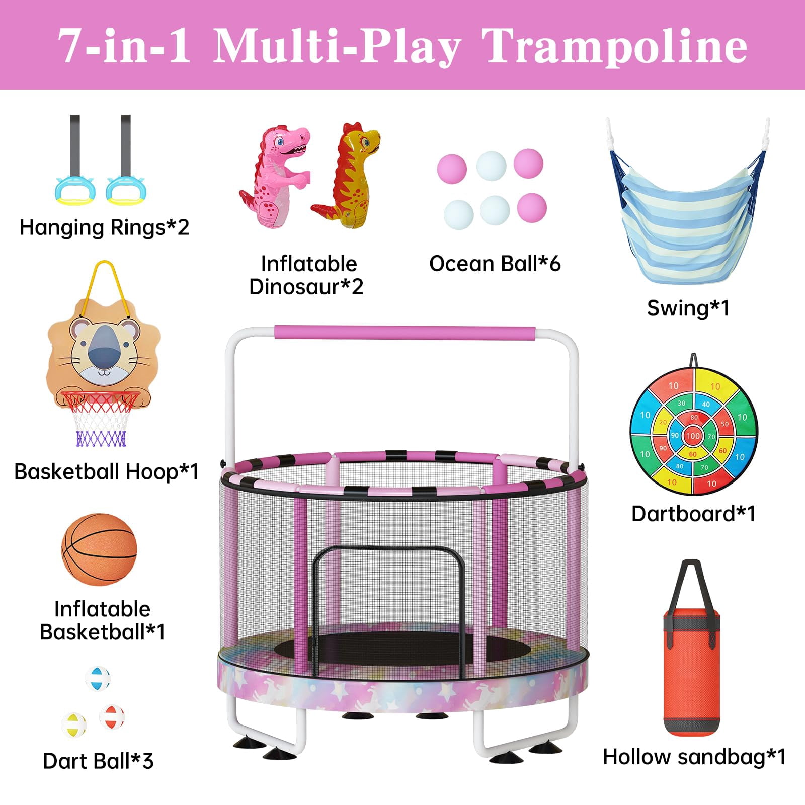 Baxluxe 55 in 7-in-1 Kids Trampoline, Indoor Outdoor Activity Center with Basketball Hoop & Swing (Rainbow, 500 lb) utuqm
