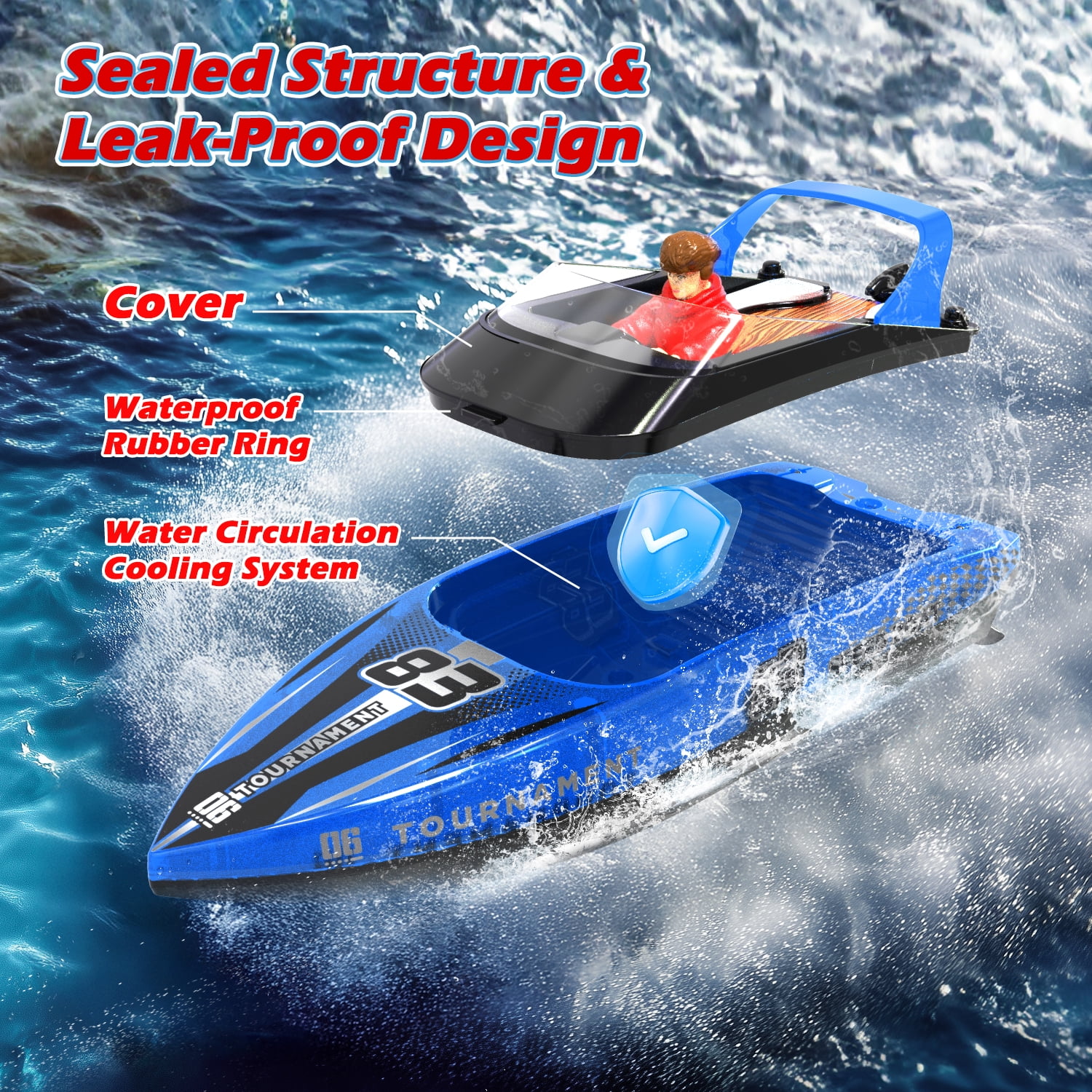 JoyStone RC Boat with LED Lights, Dual Motor Remote Control Racing Speedboat for Pools and Lakes (Blue, 10 in) dva7n