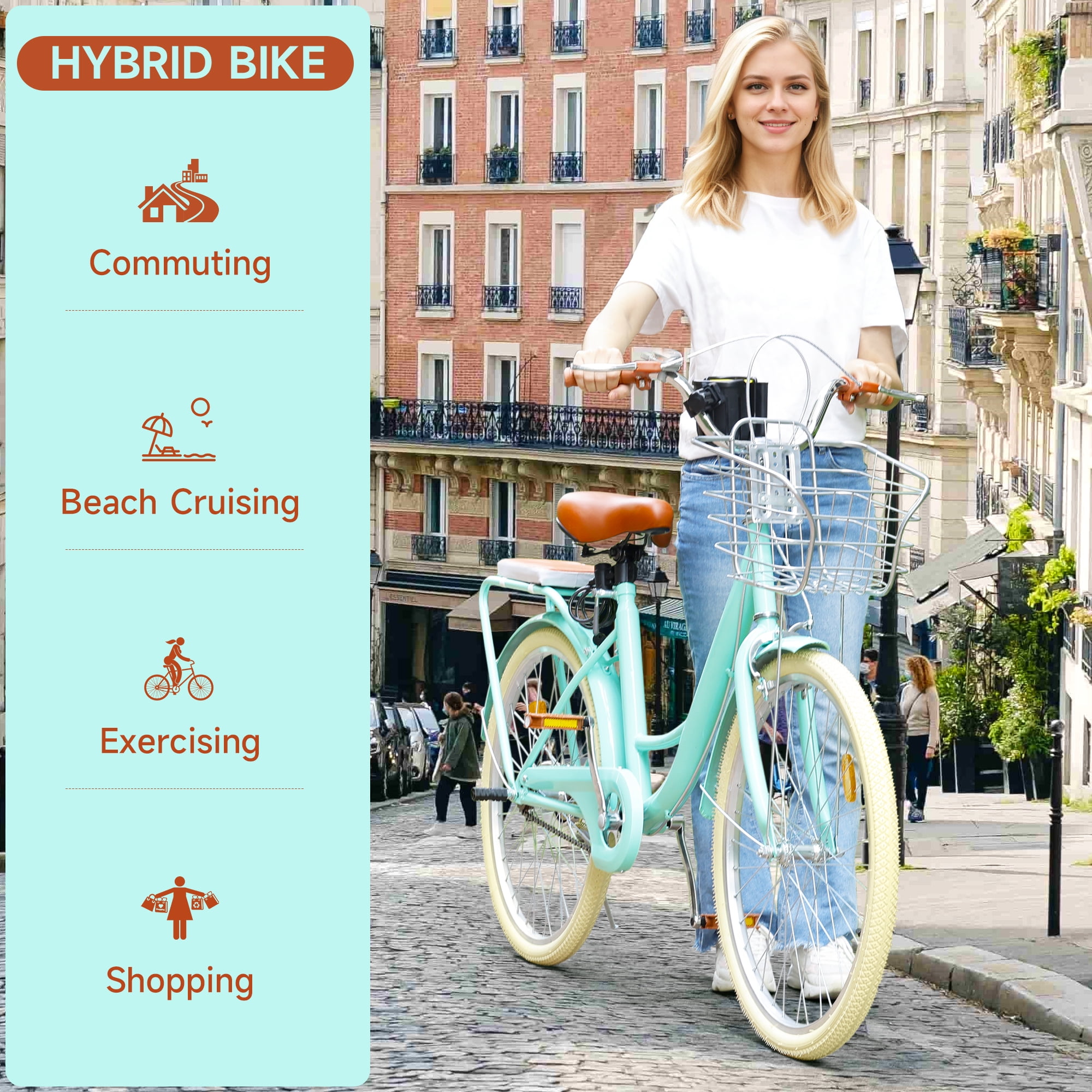 Bruce & Shark Commuter Bicycle for Adults, City Bike with Rear Rack and Basket (Green, 24 in) zn9bg