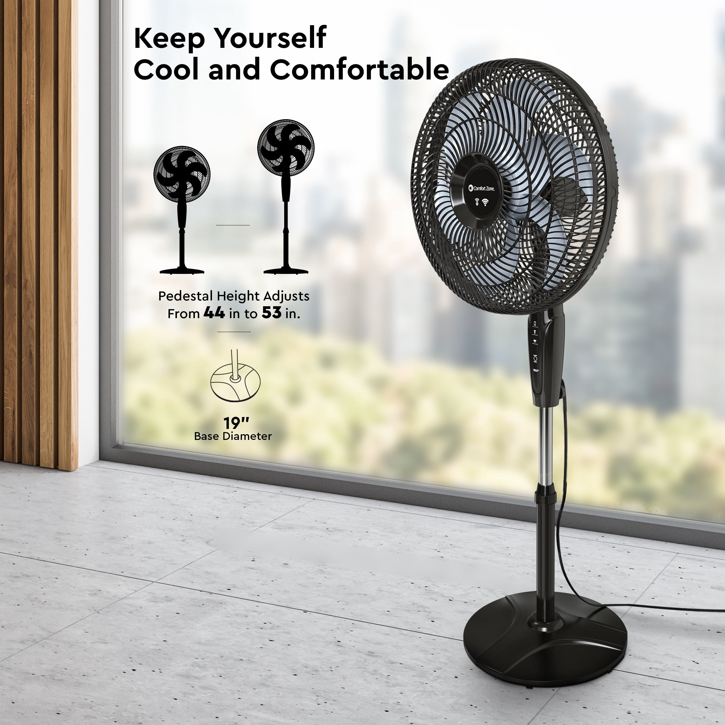 Comfort Zone 18 in. Oscillating Stand Fan (Black, 53 in Height) mjkk6