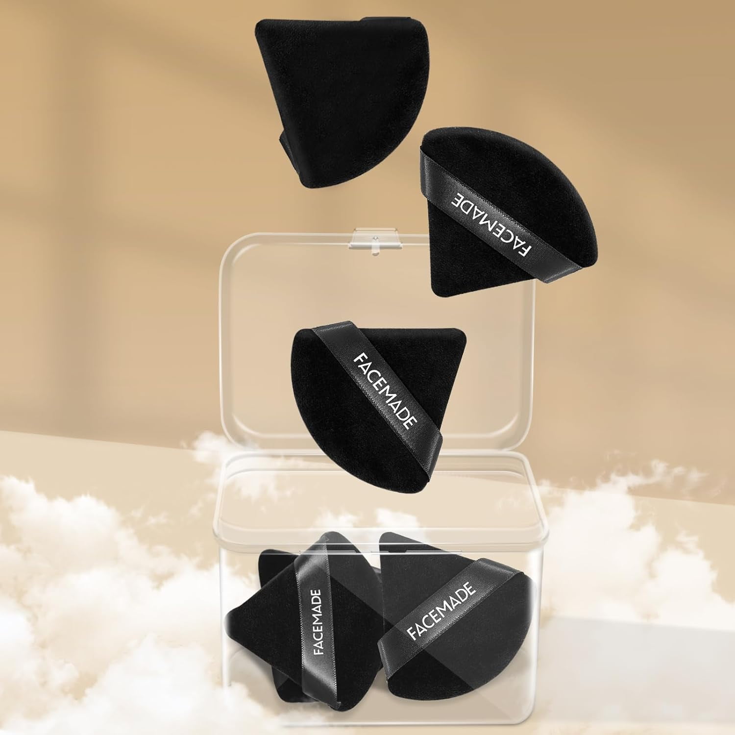Huauo Triangle Velour Face Powder Puff Set with Storage Case (Black, 6 Pack, 2.76 in) dqd0o
