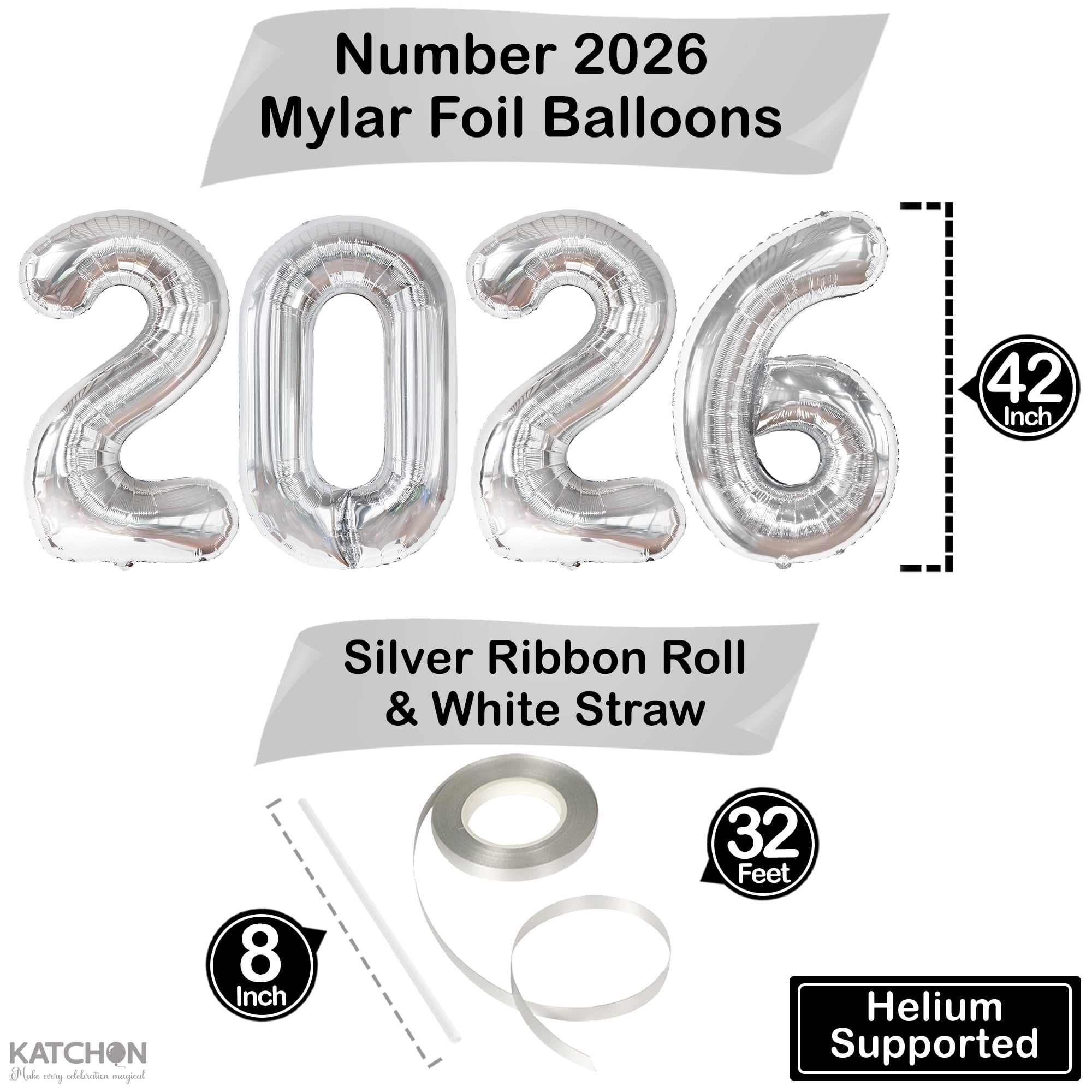 KatchOn 2026 Number Balloons, Giant Metallic Silver Foil Party Decorations (42 in) pwhxe