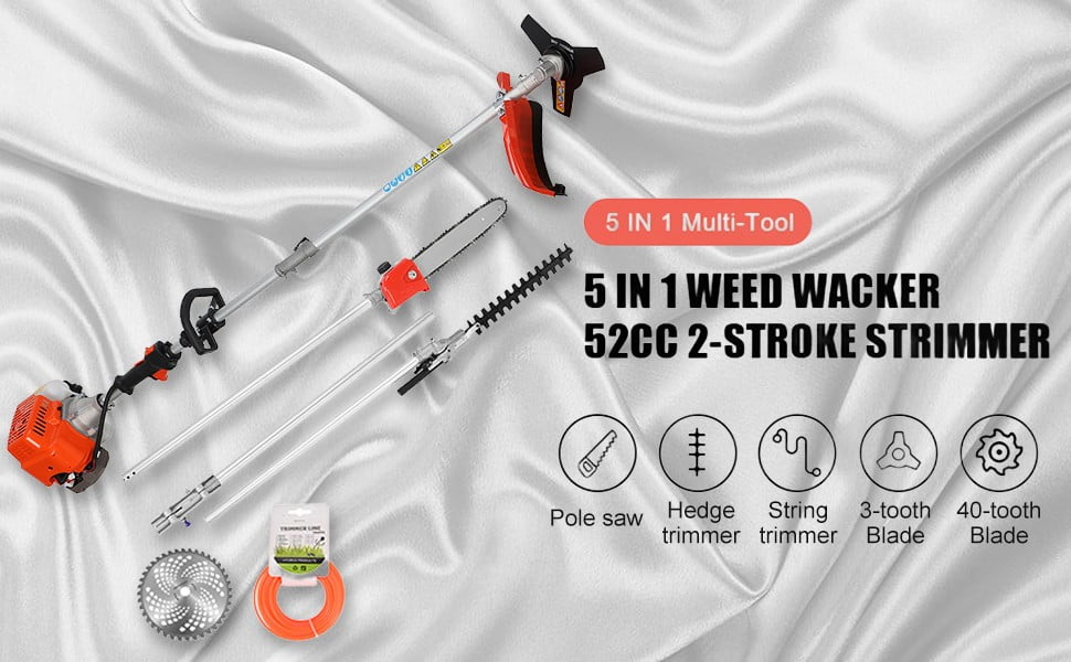 Floseru 5-in-1 Gas String Trimmer and Brush Cutter, 52cc 2-Cycle Engine, Multi-Functional Yard Tool (Red, 1 Unit) 1z2bx
