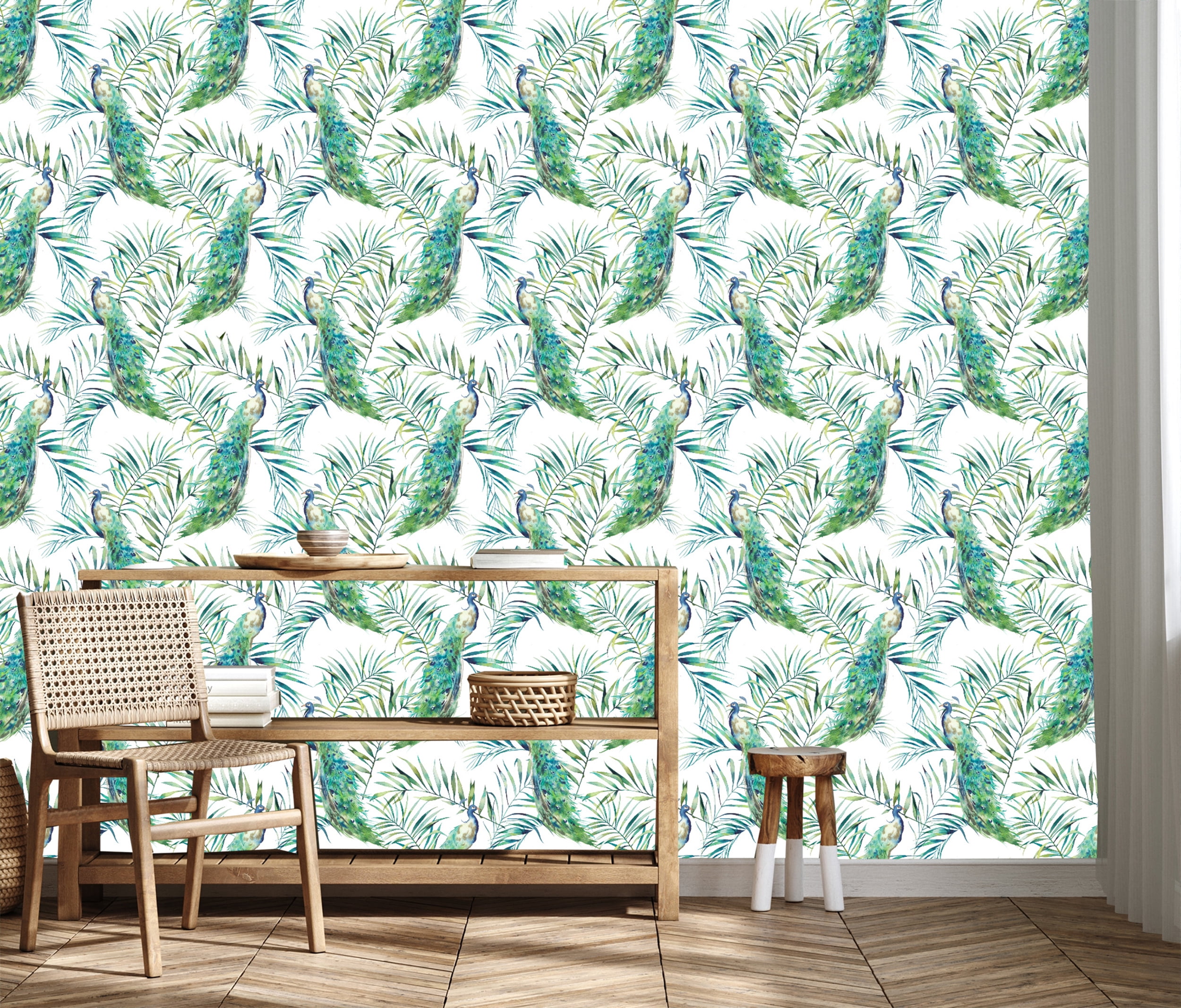 MuralsPrint Peacock Peel and Stick Wallpaper, Removable Floral Wall Decor (Green, 24 in x 10 ft) erk2x
