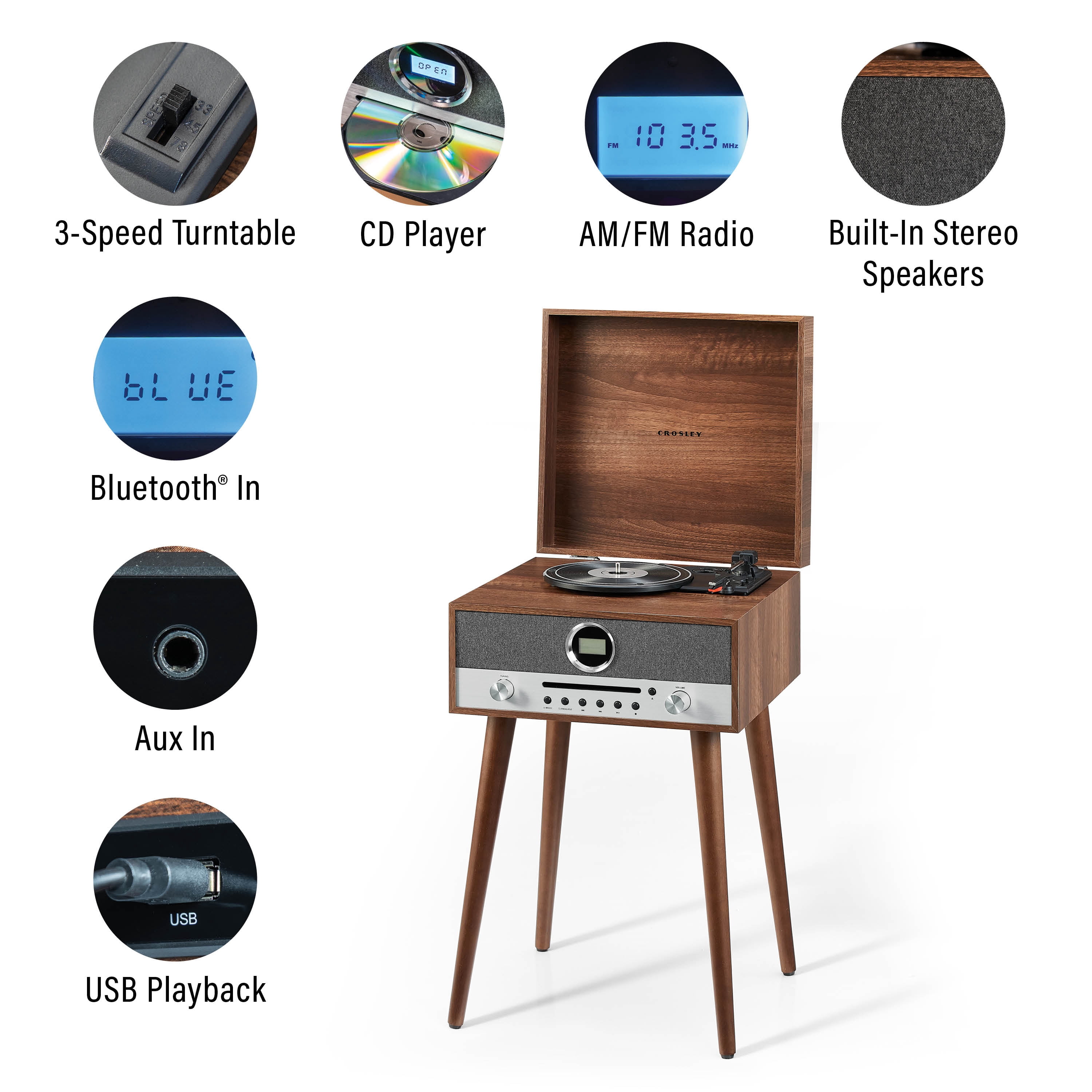 Crosley Nash 7-in-1 Record Player with Bluetooth (Wood, 17.5 in x 13.5 in x 9.5 in) 70vlu