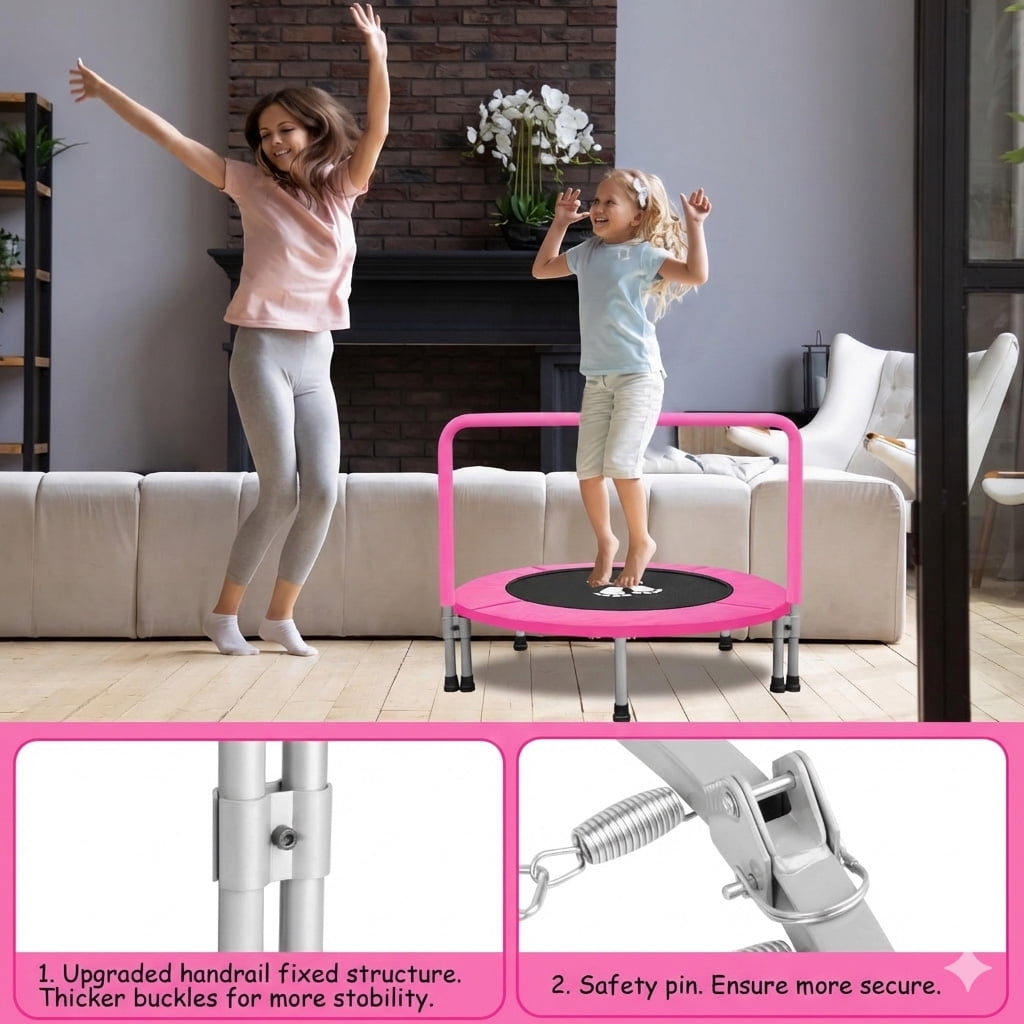 RAVS Toddler Trampoline with Adjustable Foam Handle, Foldable Indoor and Outdoor Rebounder (Pink, 36 in) q8hht