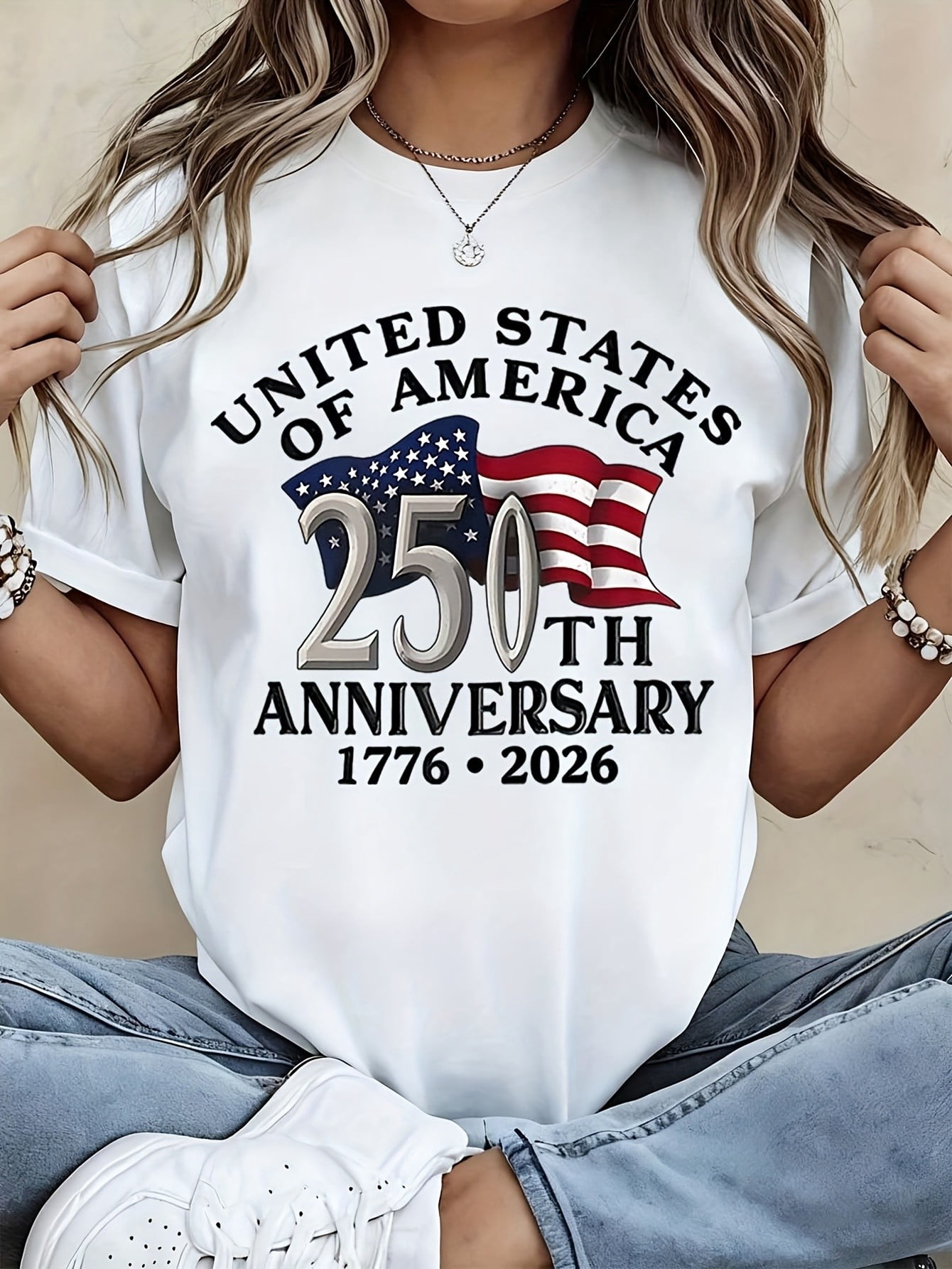 SHESIINN Women's 250 Year USA Anniversary Graphic T-Shirt, Breathable Cotton Crew Neck Short Sleeve Top (White, S) o3ztw