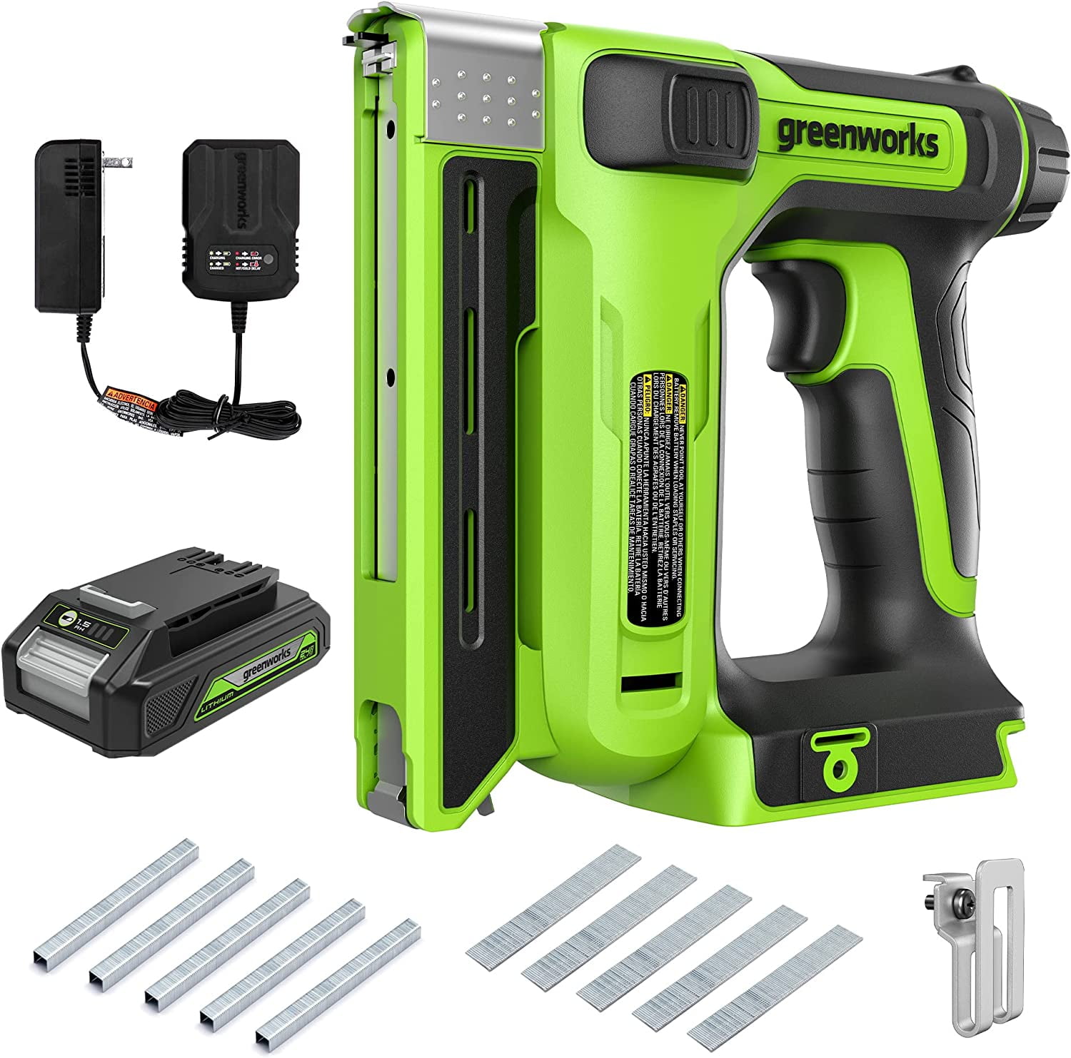 Greenworks 24V 3/8 in Crown Stapler with 2Ah Battery and 2A Charger (Green) uotkd