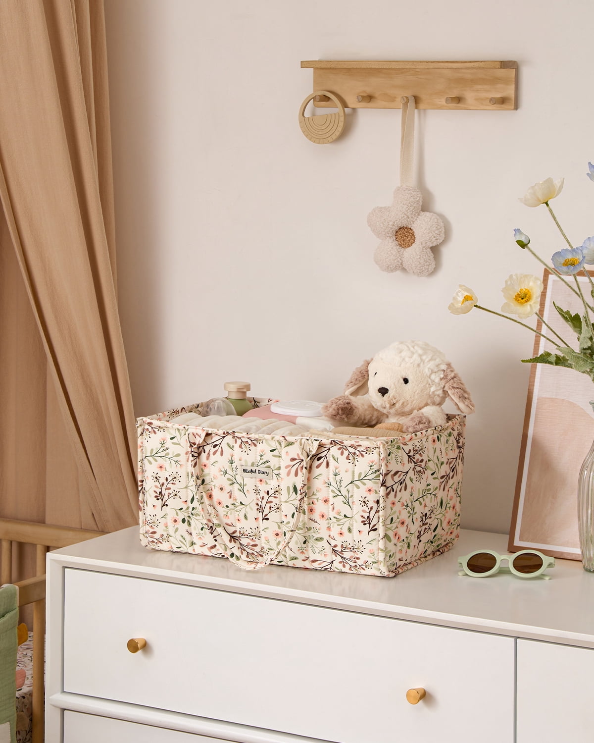 Blissful Diary Diaper Caddy Organizer, Portable Nursery Storage Basket for Baby Essentials (Beige, 15 in x 10 in x 7 in) a2ruw