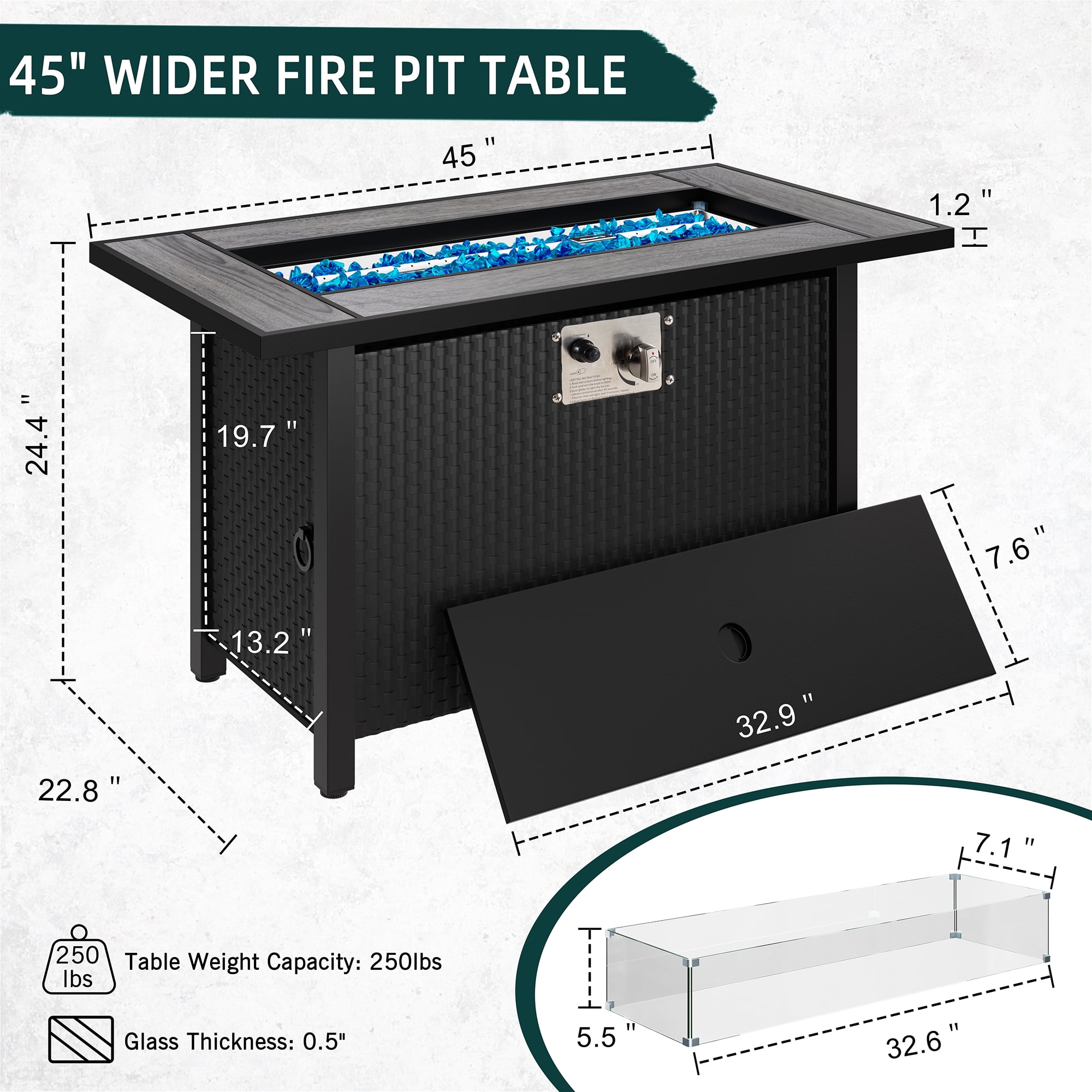 Walsunny 45 in Propane Fire Pit Table, 50,000 BTU Steel Gas Fire Pit with Removable Lid and Waterproof Cover (Grey, 45 in) 5us02