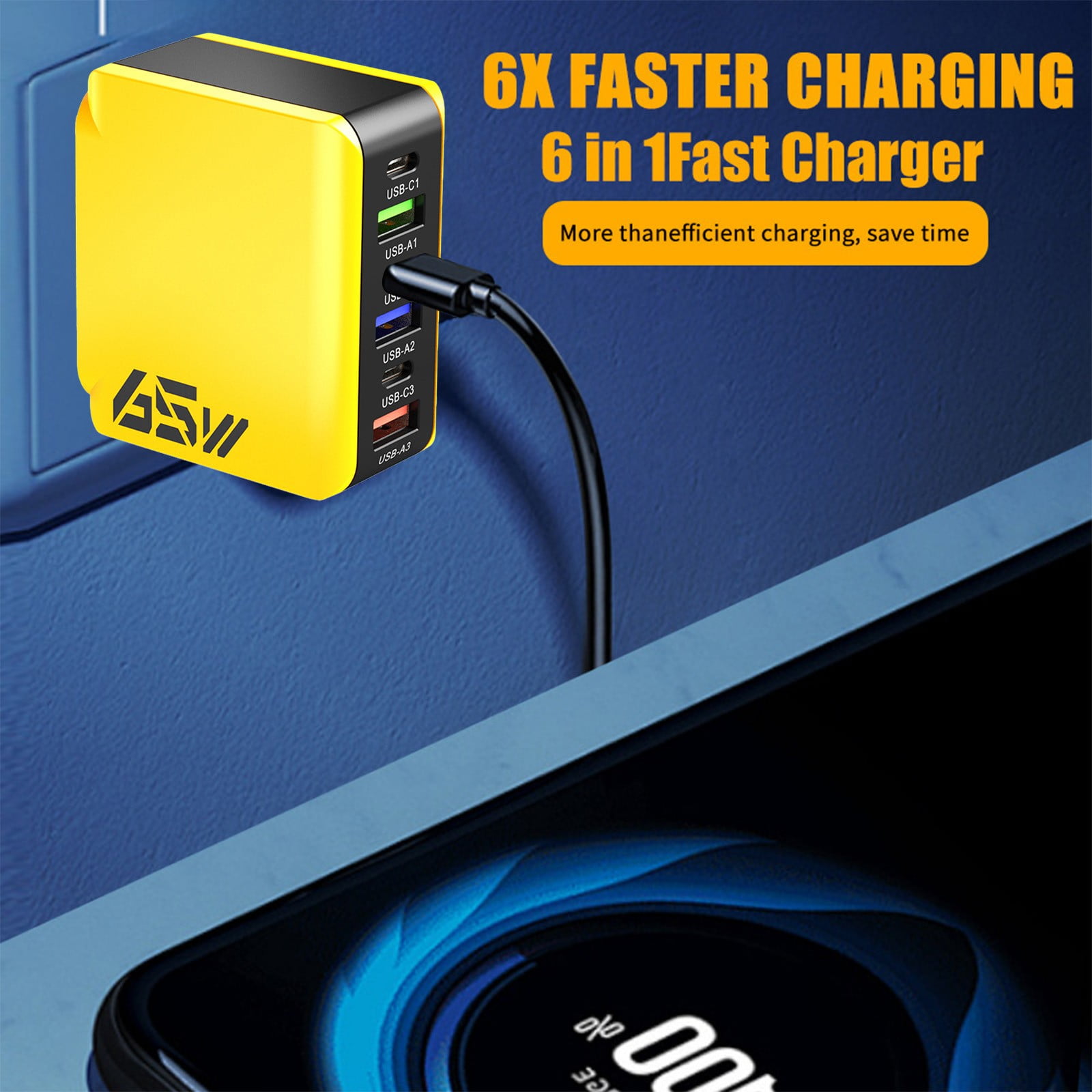 Konghyp 65W Multi Port Fast Charging Hub, 6-in-1 USB-C and USB-A Desktop Charger, Compact Travel Power Adapter (Yellow, 65W) jm8no