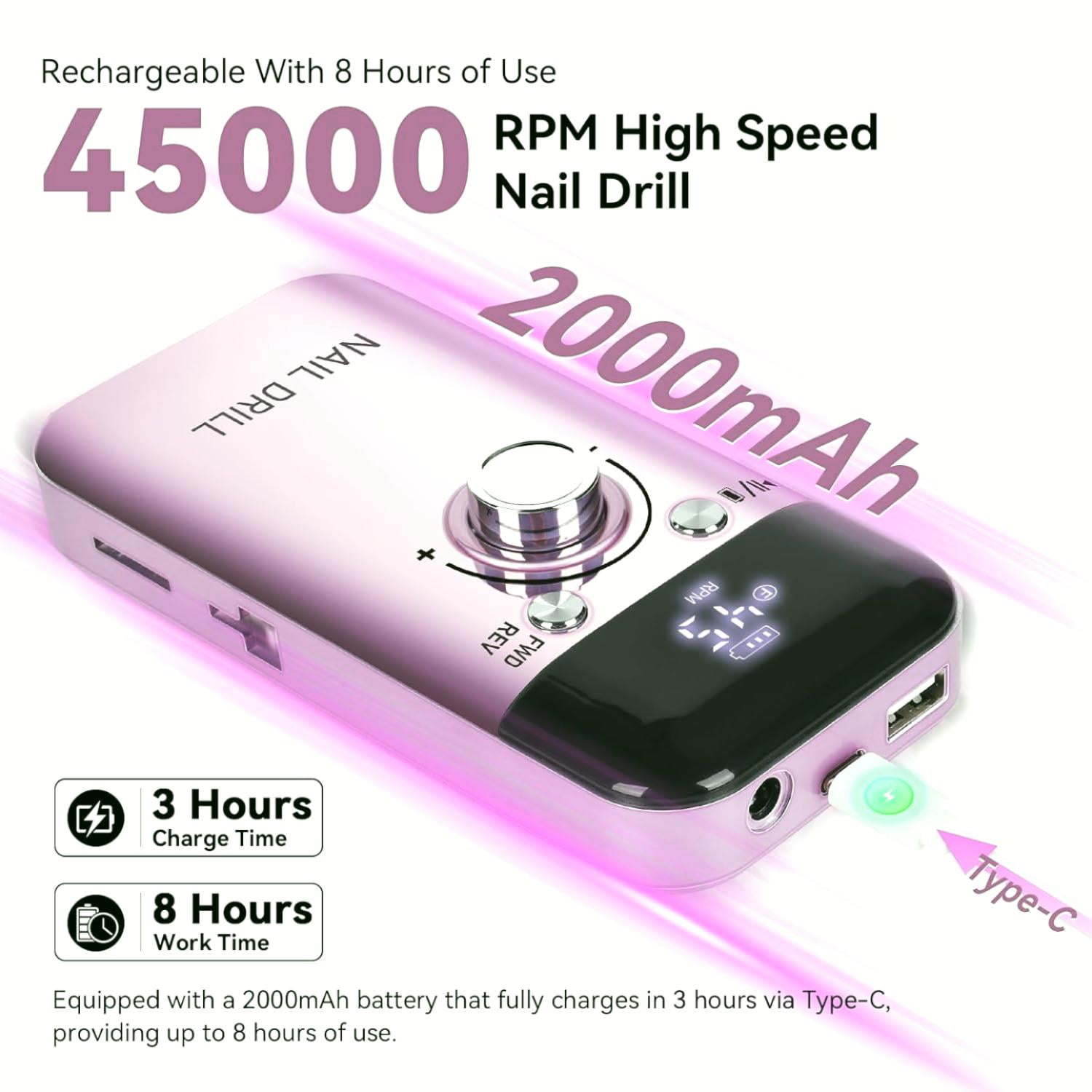 IDFINE Electric Nail Drill Professional 45000RPM Rechargeable Portable File for Acrylic and Gel Nails (Pink, 1 Kit) 30vv1