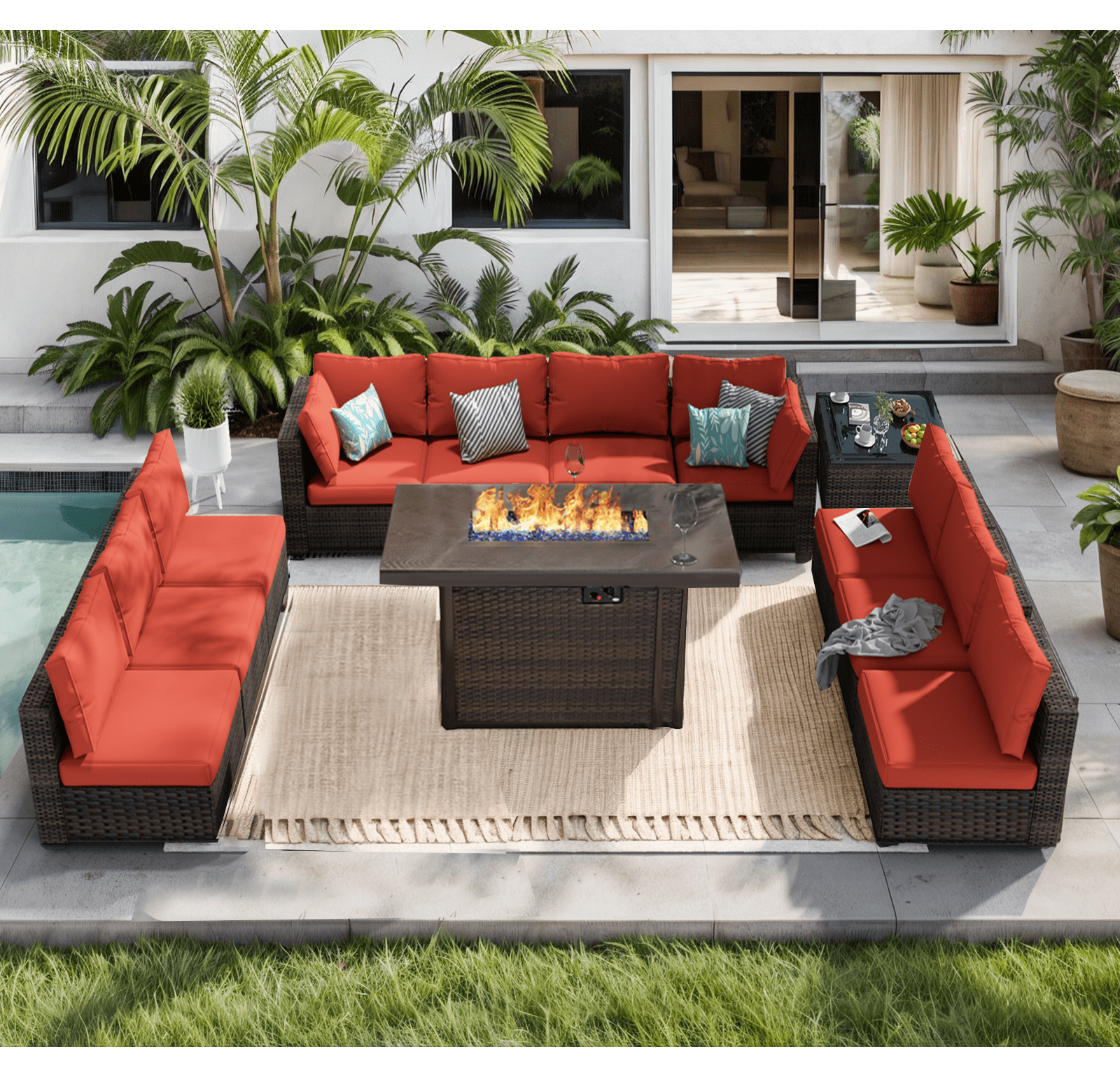 GREZONE 12-Piece Outdoor Patio Furniture Set with 43 in 55000 BTU Gas Propane Fire Pit Table and Rattan Wicker Sectional (Red) clrfx